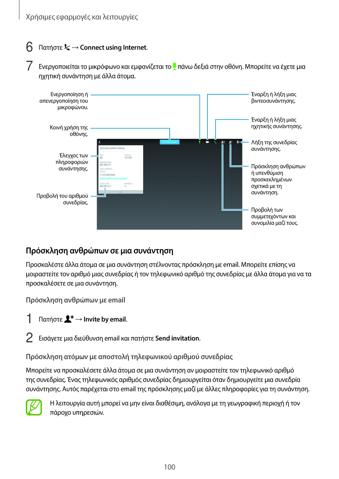 Samsung SM-T800NZWAEUR Πρόσκληση ανθρώπων σε μια συνάντηση, Πατήστε →Connect using Internet, Πατήστε →Invite by email 