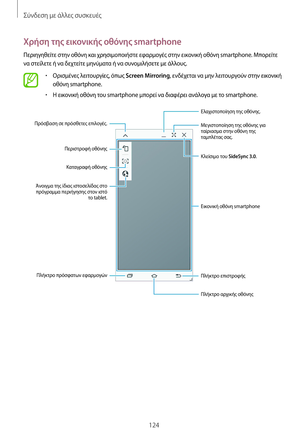 Samsung SM-T800NZWAEUR, SM-T800NTSAEUR manual Χρήση της εικονικής οθόνης smartphone 