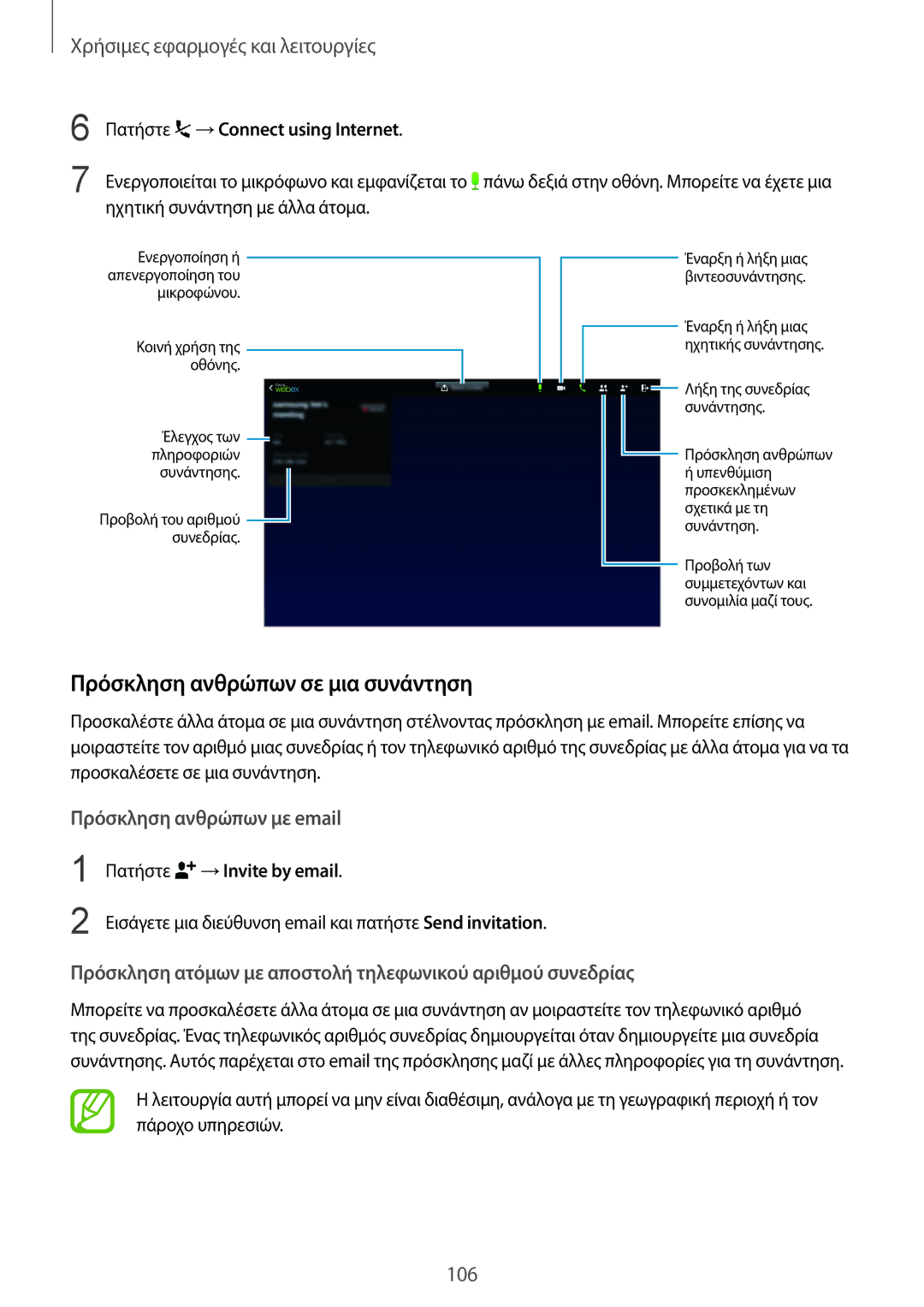 Samsung SM-T800NZWAEUR Πρόσκληση ανθρώπων σε μια συνάντηση, Πατήστε →Connect using Internet, Πατήστε →Invite by email 