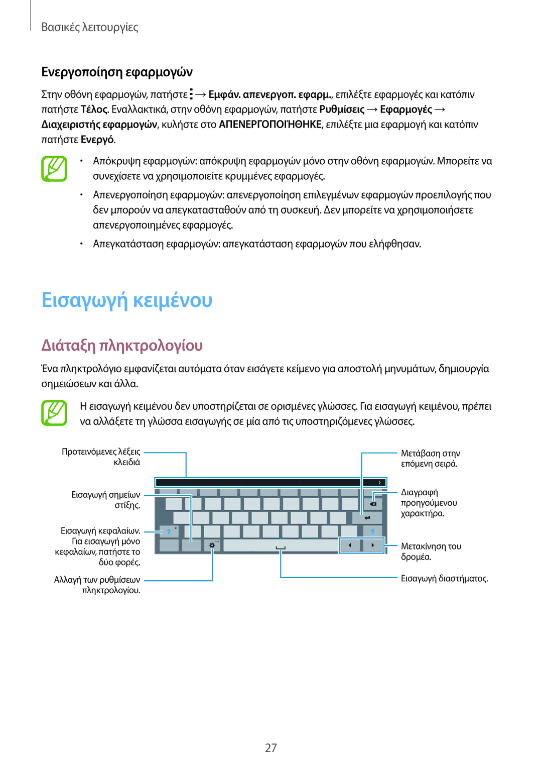 Samsung SM-T800NTSAEUR, SM-T800NZWAEUR manual Εισαγωγή κειμένου, Διάταξη πληκτρολογίου, Ενεργοποίηση εφαρμογών 