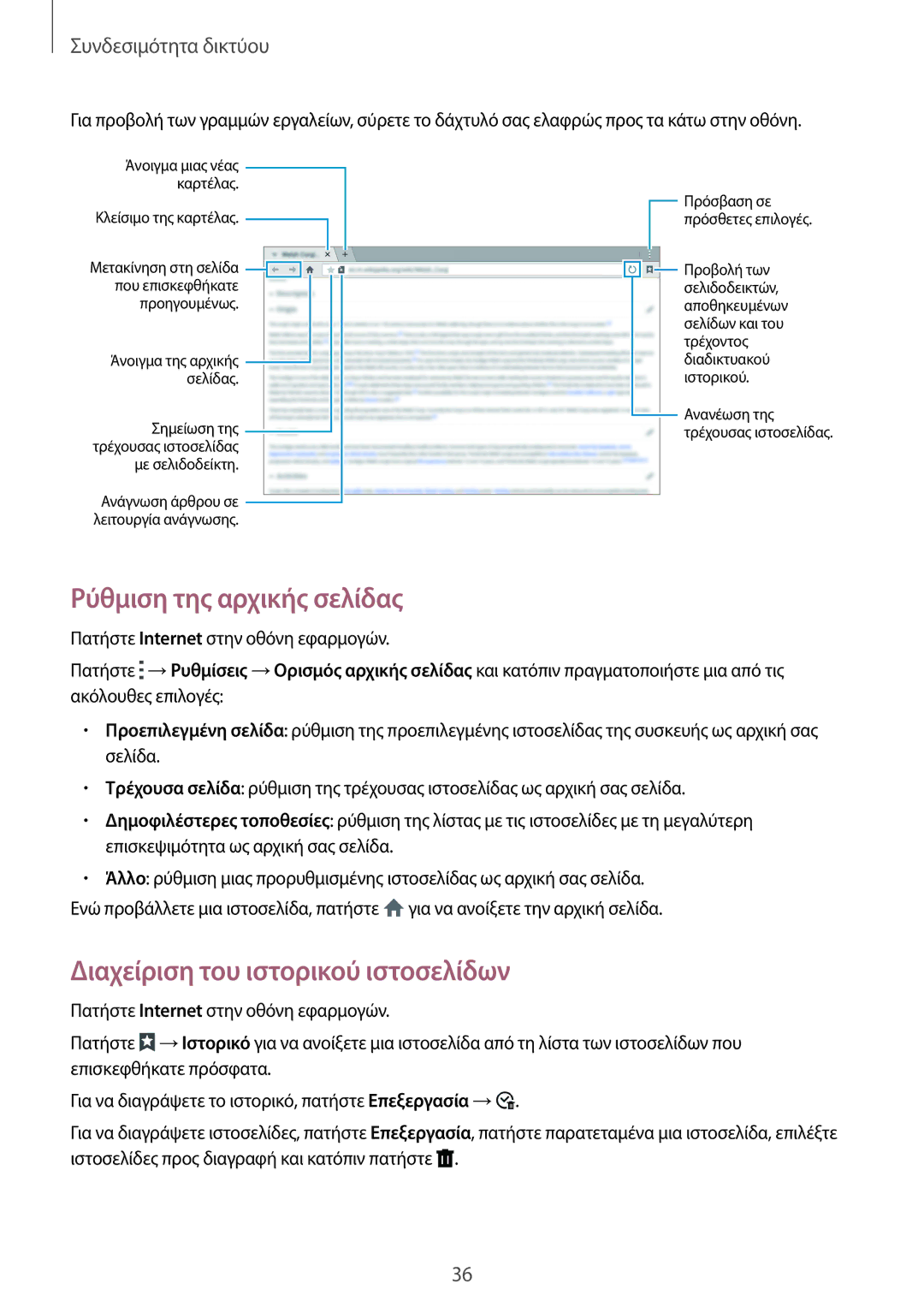 Samsung SM-T800NZWAEUR, SM-T800NTSAEUR manual Ρύθμιση της αρχικής σελίδας, Διαχείριση του ιστορικού ιστοσελίδων 