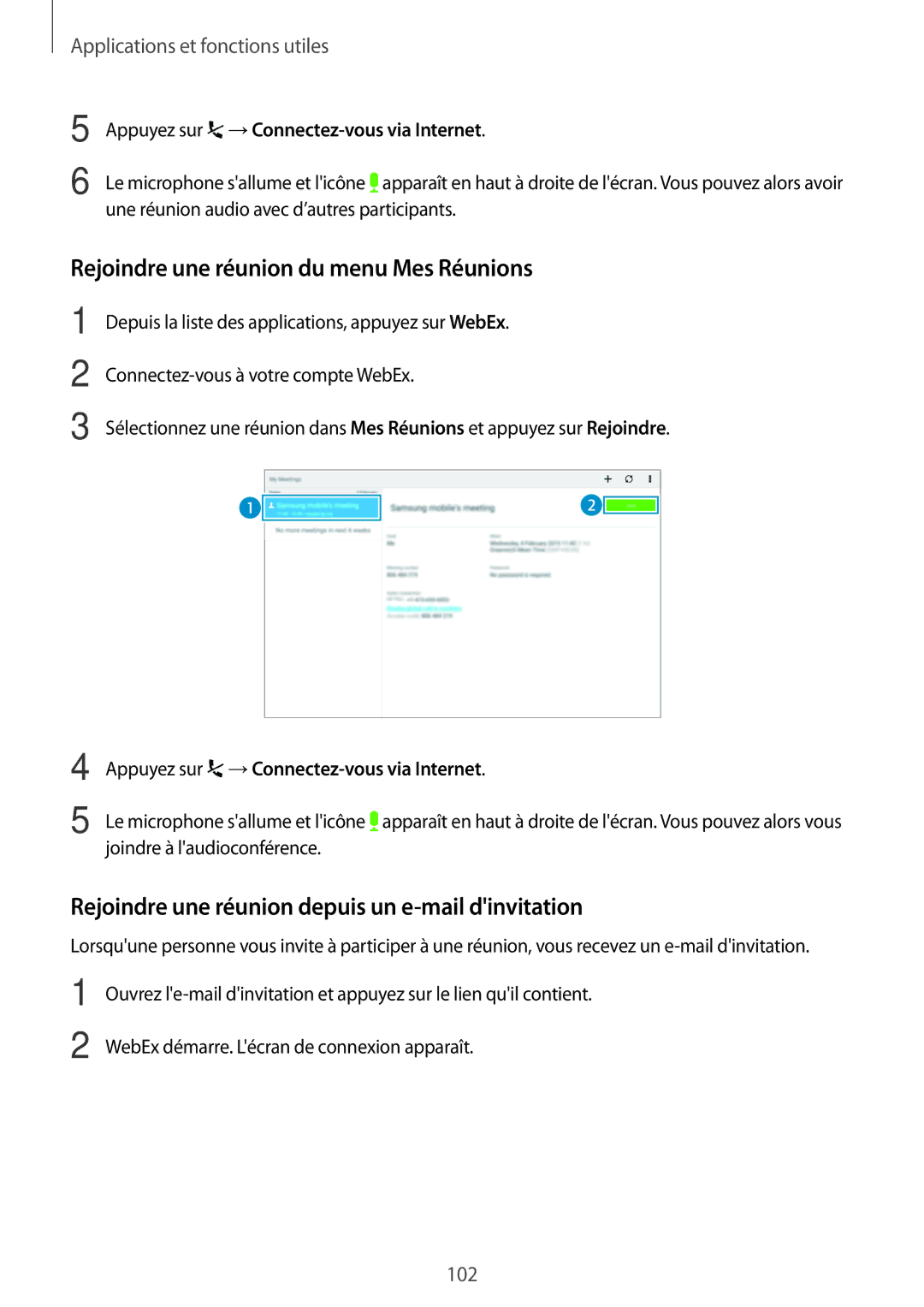 Samsung SM-T800NTSAXEF Rejoindre une réunion du menu Mes Réunions, Rejoindre une réunion depuis un e-mail dinvitation 