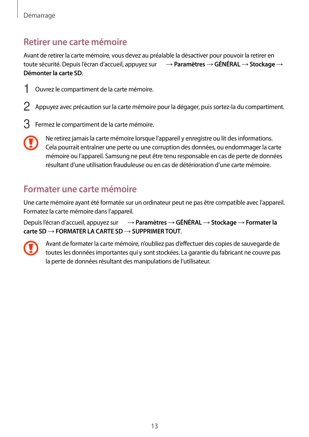 Samsung SM-T800NZWEXEF, SM-T800NZWAXEF, SM-T800NTSAXEF, SM-T800NHAAXEF Retirer une carte mémoire, Formater une carte mémoire 