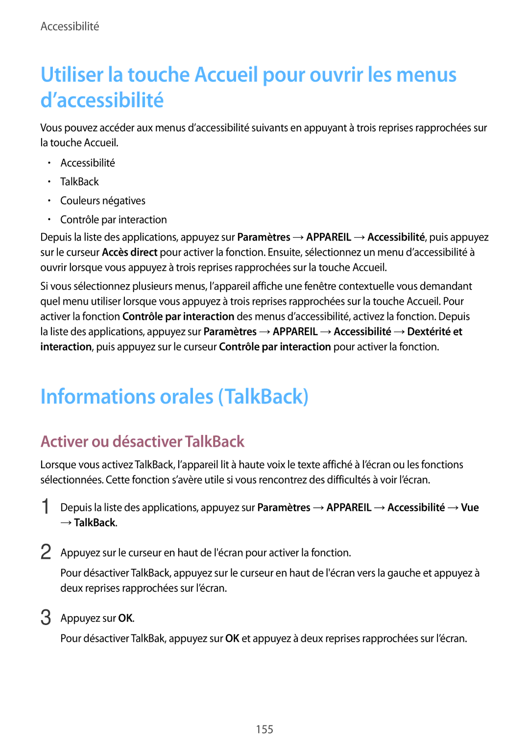 Samsung SM-T800NHAAXEF, SM-T800NZWAXEF manual Informations orales TalkBack, Activer ou désactiver TalkBack, → TalkBack 