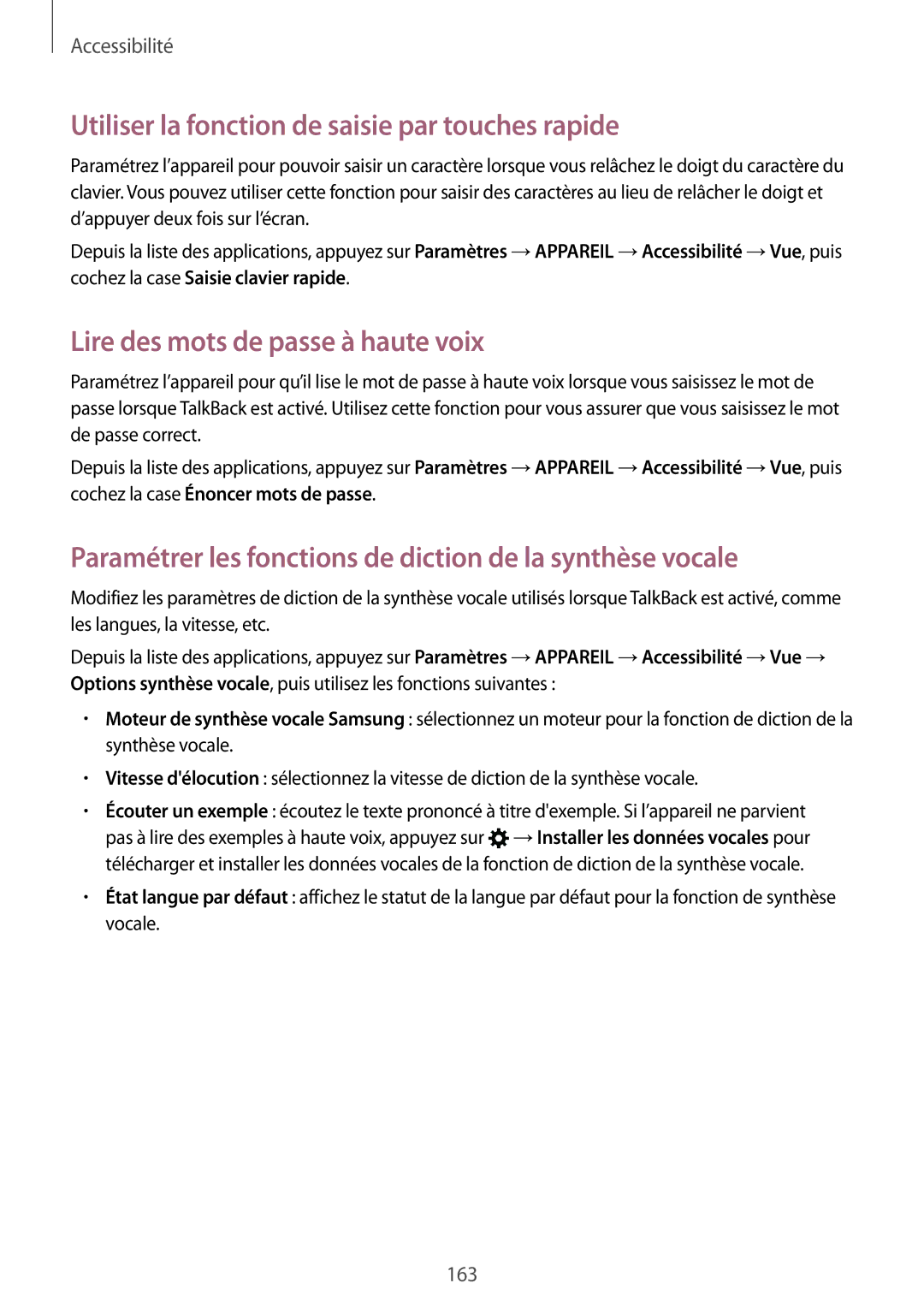 Samsung SM-T800NHAAXEF manual Utiliser la fonction de saisie par touches rapide, Lire des mots de passe à haute voix 