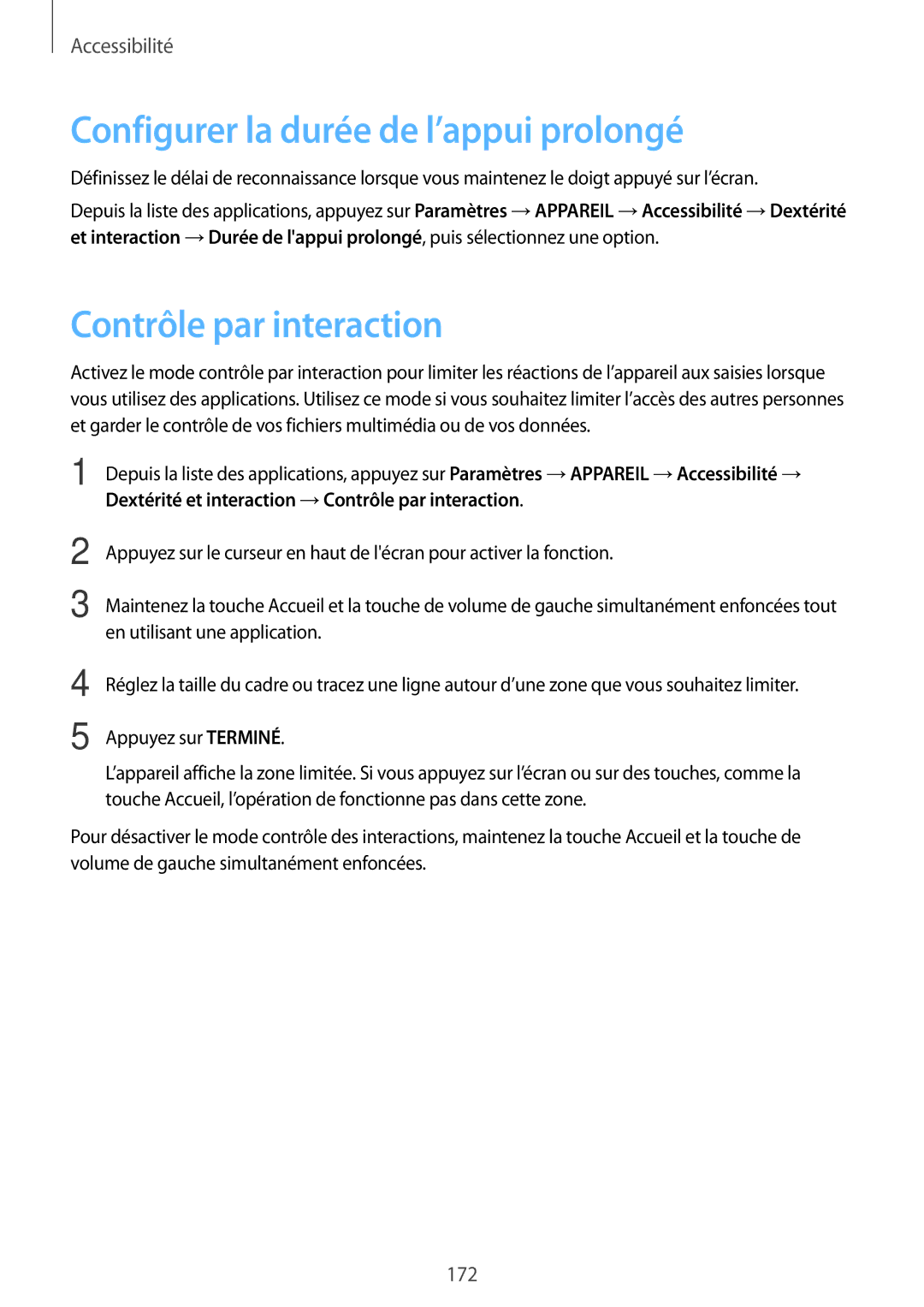 Samsung SM-T800NZWAXEF, SM-T800NZWEXEF, SM-T800NTSAXEF Configurer la durée de l’appui prolongé, Contrôle par interaction 