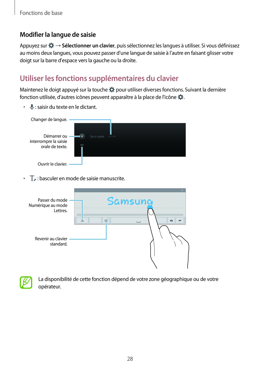 Samsung SM-T800NZWAXEF, SM-T800NZWEXEF Utiliser les fonctions supplémentaires du clavier, Modifier la langue de saisie 