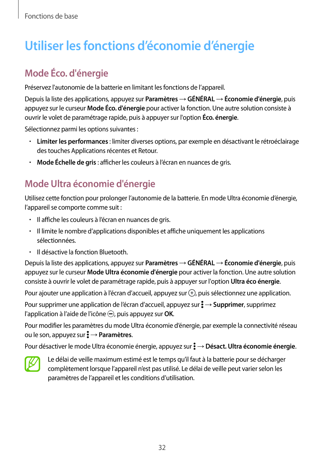 Samsung SM-T800NZWAXEF manual Utiliser les fonctions d’économie d’énergie, Mode Éco. dénergie, Mode Ultra économie dénergie 