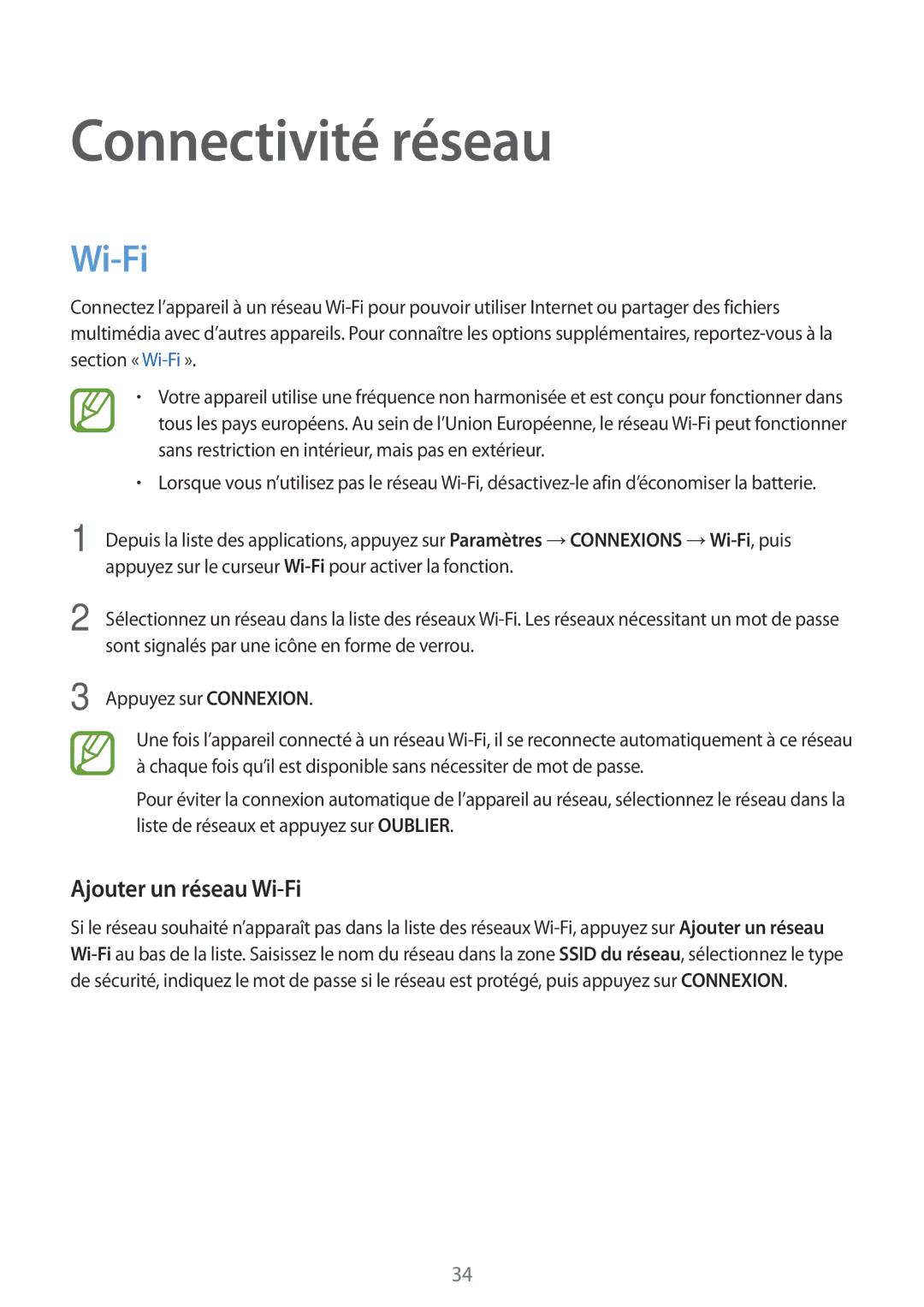 Samsung SM-T800NTSAXEF, SM-T800NZWAXEF, SM-T800NZWEXEF, SM-T800NHAAXEF manual Connectivité réseau, Ajouter un réseau Wi-Fi 