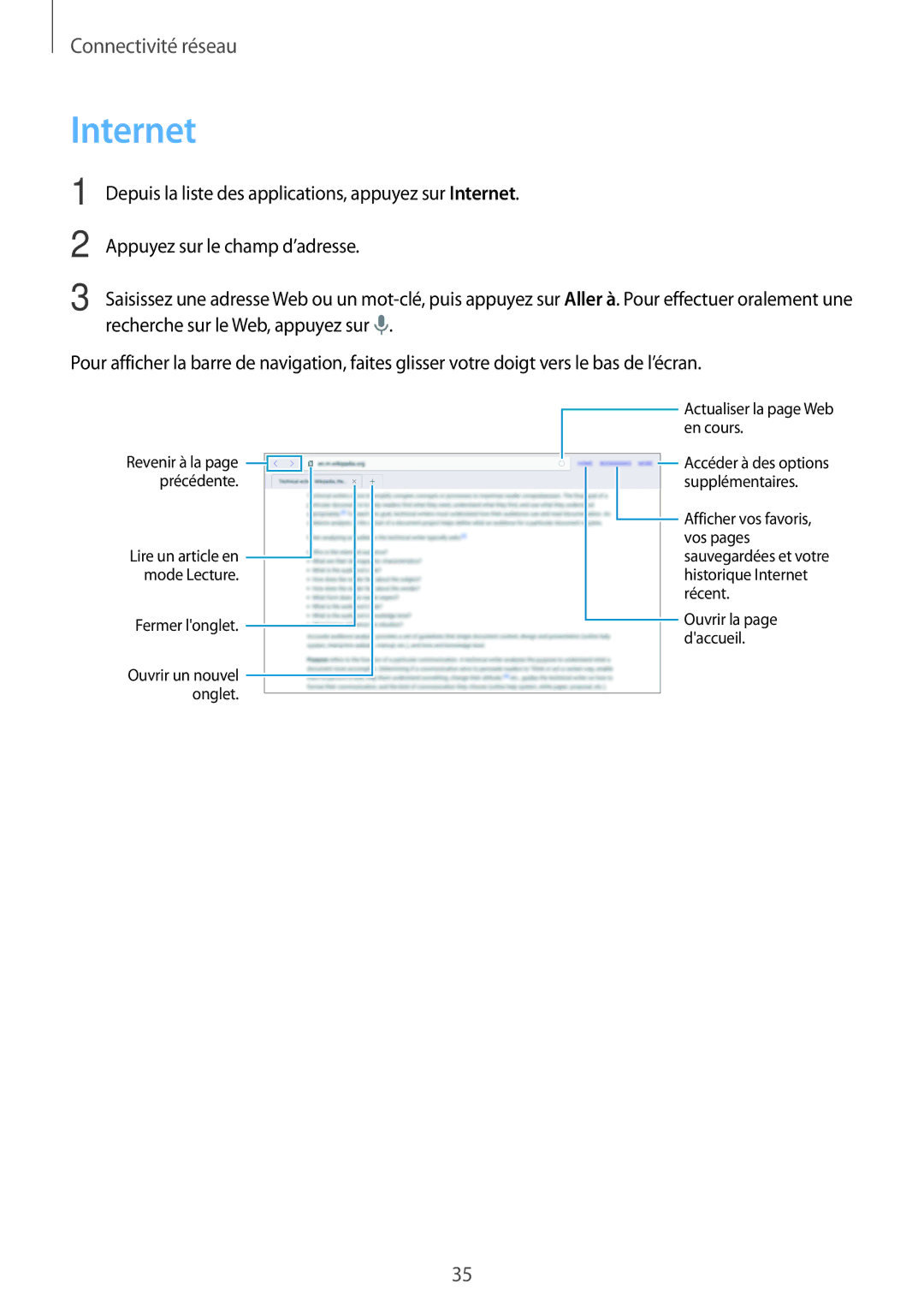 Samsung SM-T800NHAAXEF, SM-T800NZWAXEF, SM-T800NZWEXEF, SM-T800NTSAXEF manual Internet, Appuyez sur le champ d’adresse 