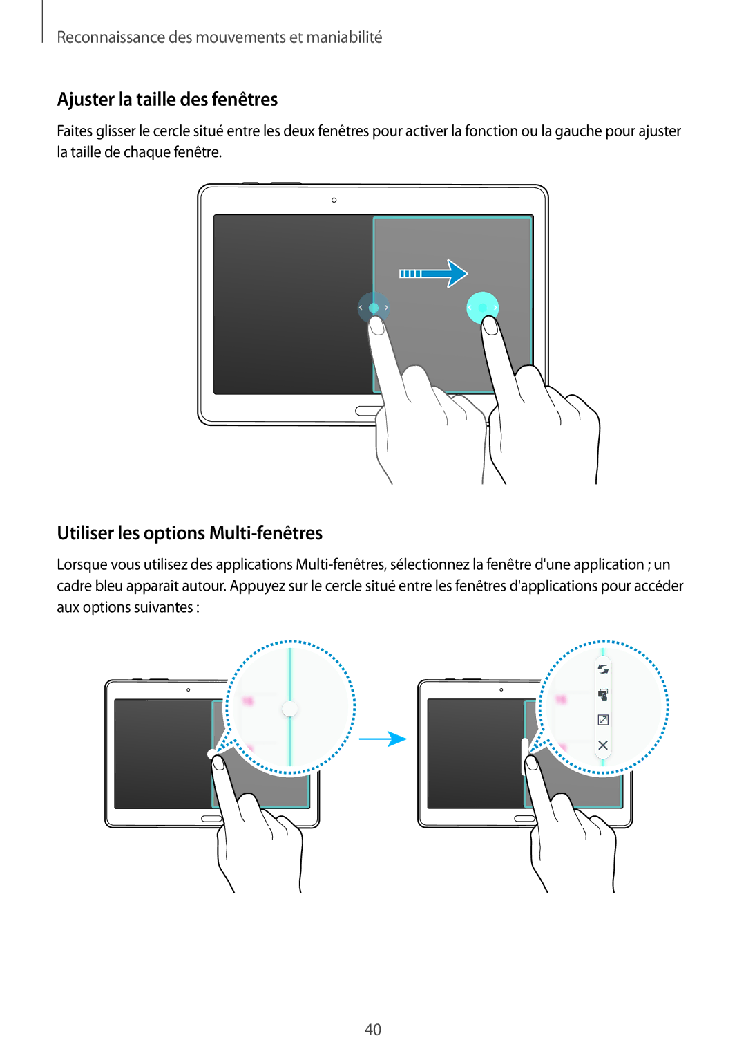 Samsung SM-T800NZWAXEF, SM-T800NZWEXEF, SM-T800NTSAXEF Ajuster la taille des fenêtres, Utiliser les options Multi-fenêtres 