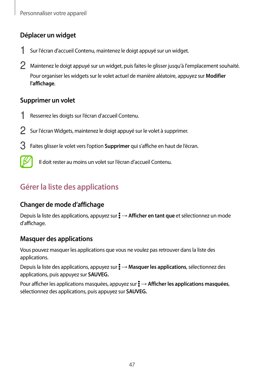 Samsung SM-T800NHAAXEF Gérer la liste des applications, Déplacer un widget, Supprimer un volet, Masquer des applications 