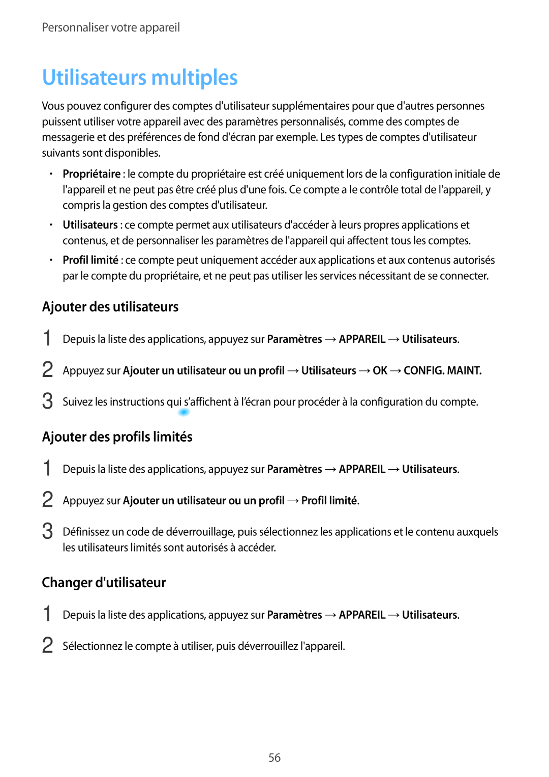 Samsung SM-T800NZWAXEF Utilisateurs multiples, Ajouter des utilisateurs, Ajouter des profils limités, Changer dutilisateur 