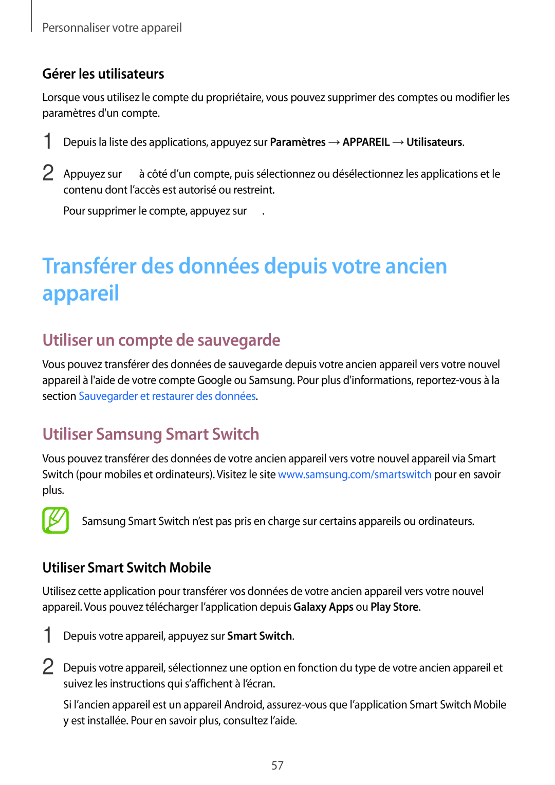 Samsung SM-T800NZWEXEF manual Transférer des données depuis votre ancien appareil, Utiliser un compte de sauvegarde 