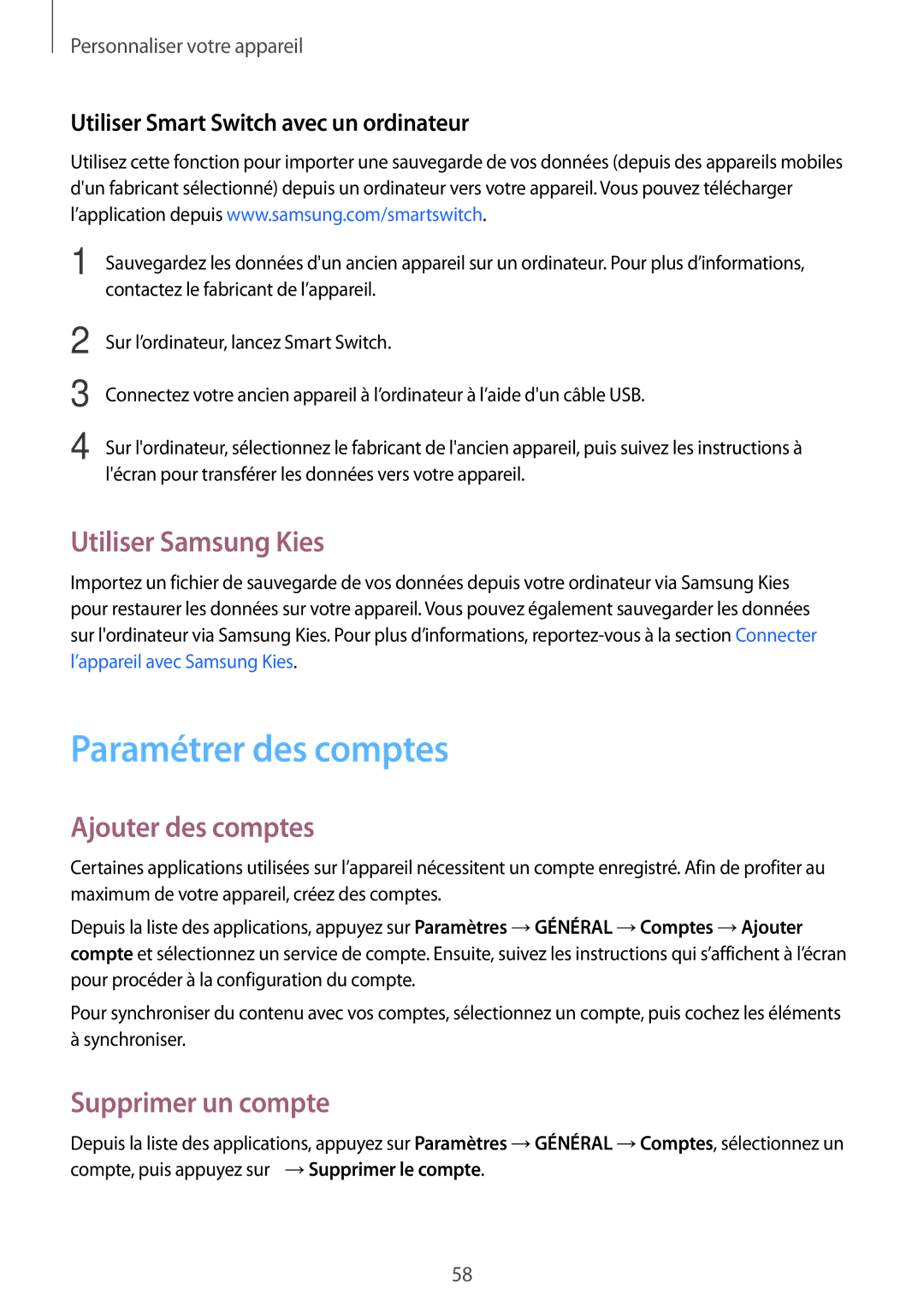 Samsung SM-T800NTSAXEF manual Paramétrer des comptes, Utiliser Samsung Kies, Ajouter des comptes, Supprimer un compte 