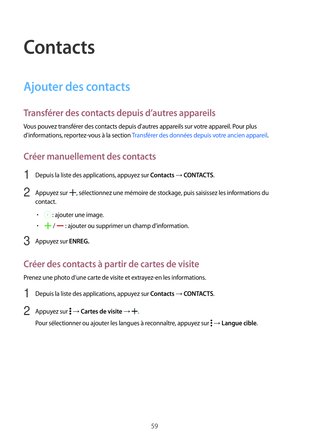 Samsung SM-T800NHAAXEF, SM-T800NZWAXEF Contacts, Ajouter des contacts, Transférer des contacts depuis d’autres appareils 