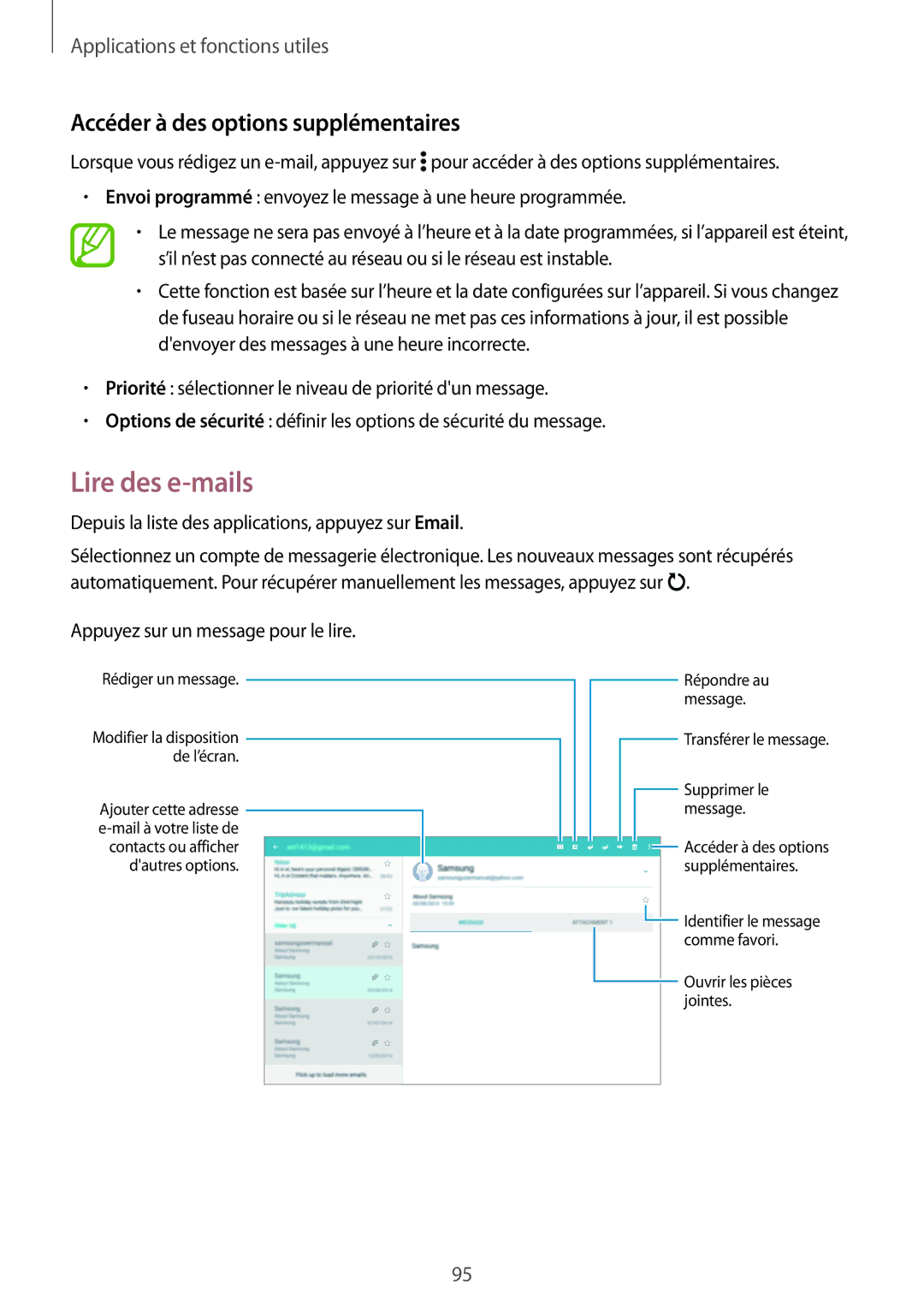 Samsung SM-T800NHAAXEF, SM-T800NZWAXEF, SM-T800NZWEXEF manual Lire des e-mails, Accéder à des options supplémentaires 