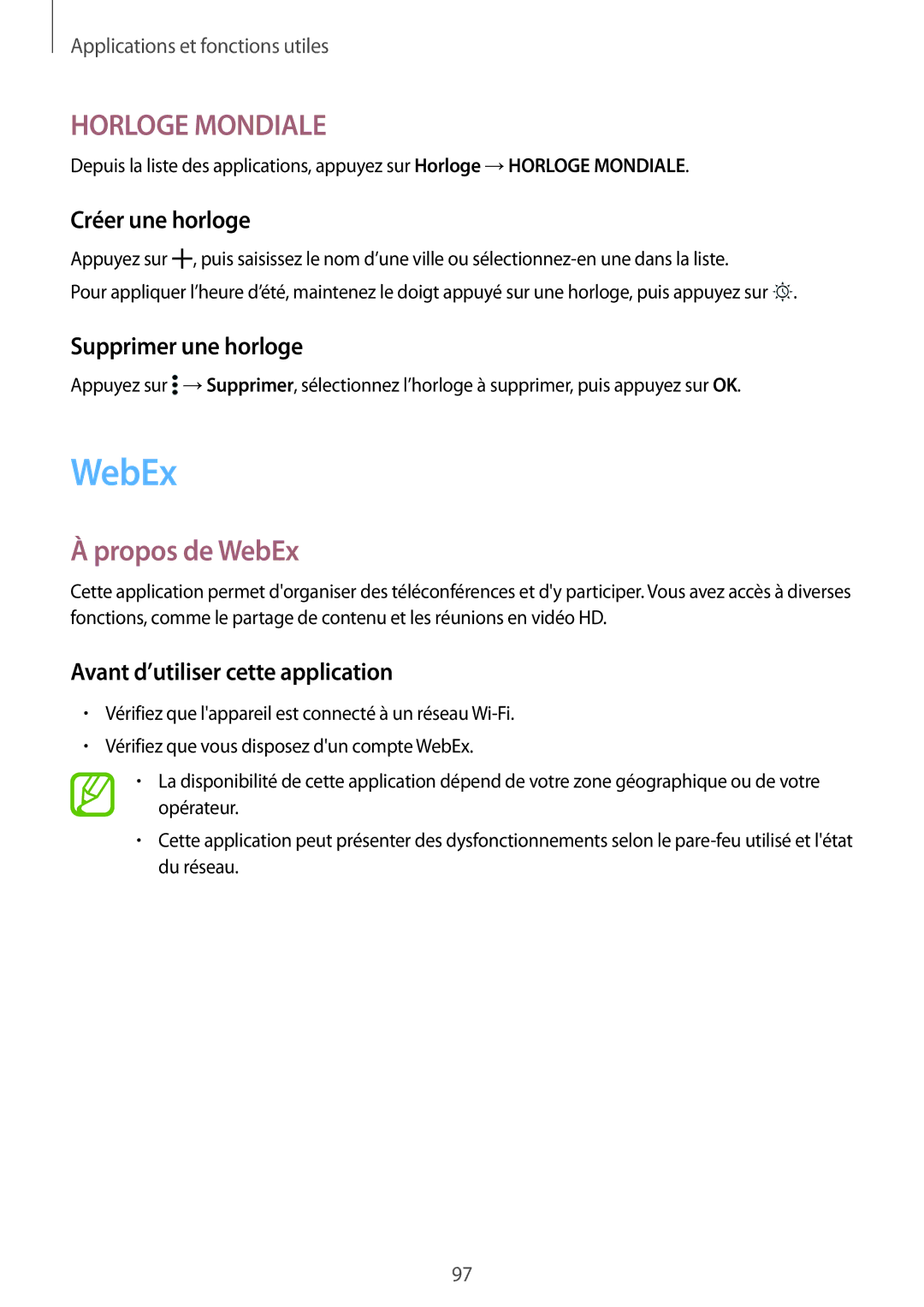 Samsung SM-T800NZWEXEF Propos de WebEx, Créer une horloge, Supprimer une horloge, Avant d’utiliser cette application 