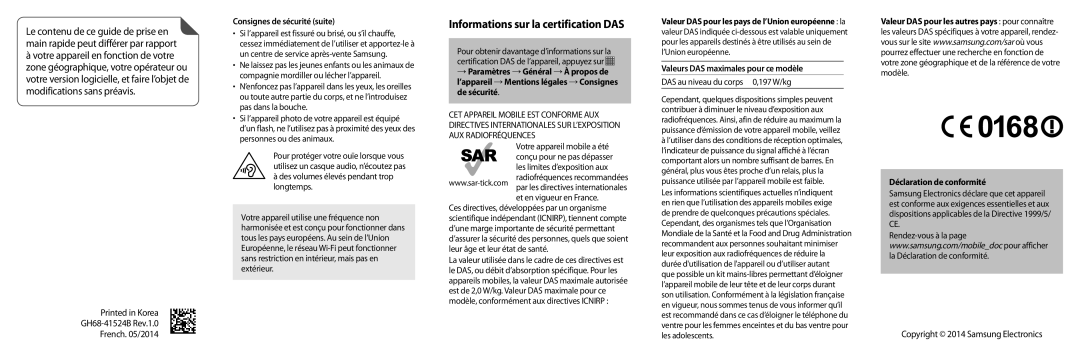 Samsung SM-T800NTSAXEF manual Informations sur la certification DAS, Printed in Korea GH68-41524B Rev.1.0 French. 05/2014 