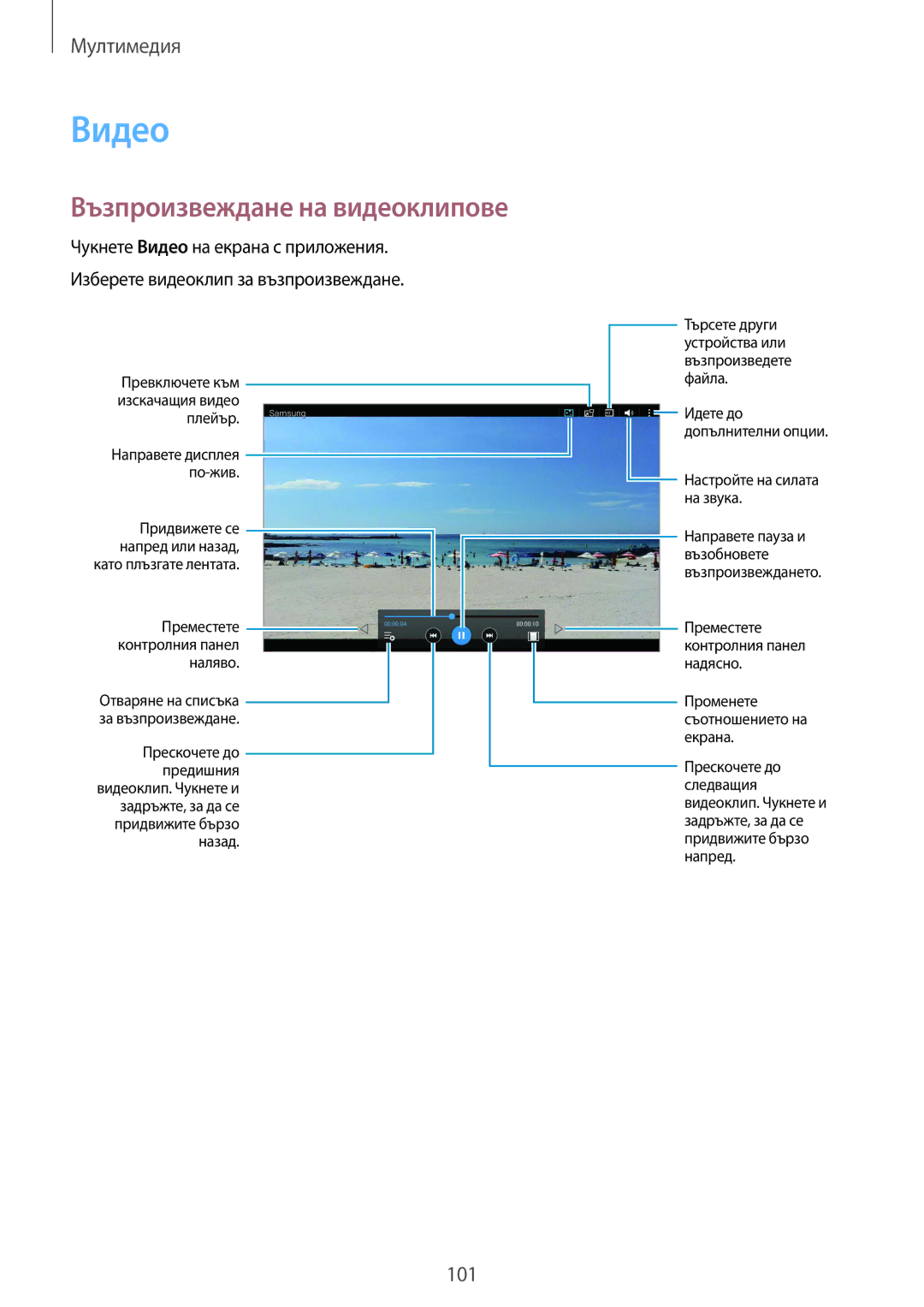 Samsung SM-T805NZWABGL, SM-T805NTSABGL manual Видео, Възпроизвеждане на видеоклипове 