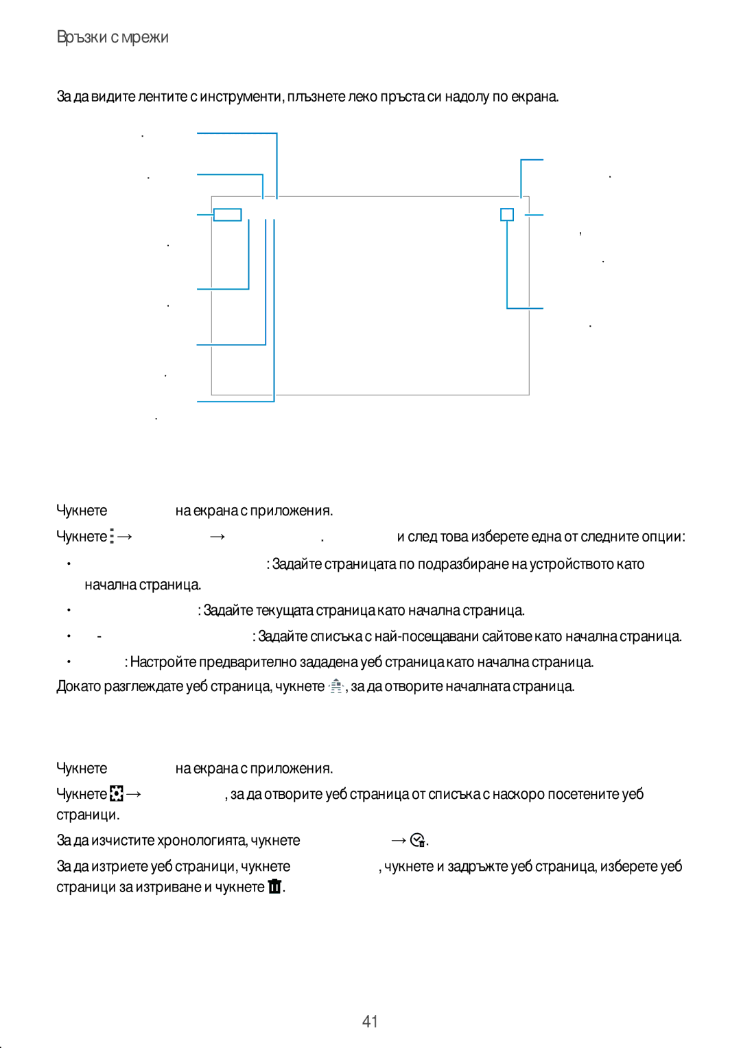 Samsung SM-T805NZWABGL, SM-T805NTSABGL manual Задаване на началната страница, Управление на хронологията на уеб страниците 