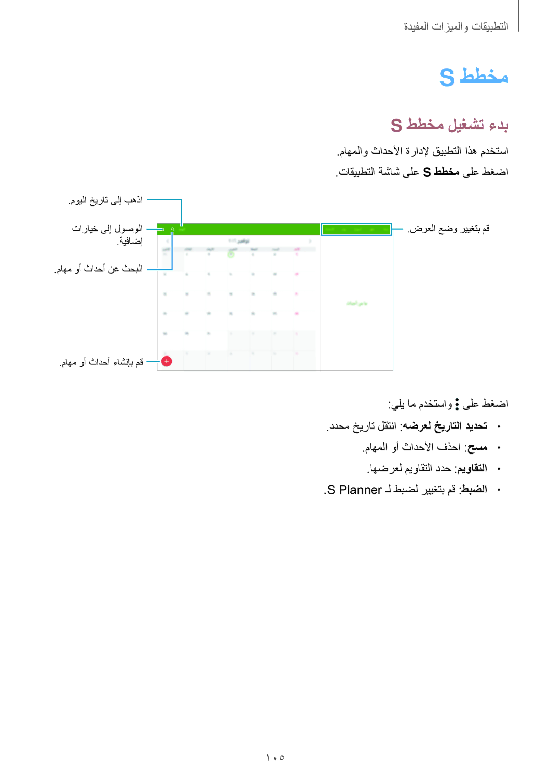 Samsung SM-T805NTSAXSG ططخم ليغشت ءدب, ماهملاو ثادحلأا ةرادلإ قيبطتلا اذه مدختسا, تاقيبطتلا ةشاش ىلع S ططخم ىلع طغضا 