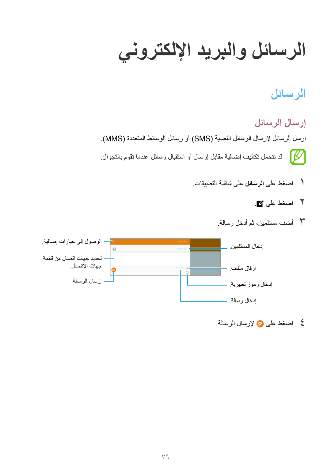 Samsung SM-T805NTSAECT, SM-T805NTSAEGY لئاسرلا لاسرإ, ىلع طغضا2 ةلاسر لخدأ مث ،نيملتسم فضأ3, ةلاسرلا لاسرلإ ىلع طغضا4 