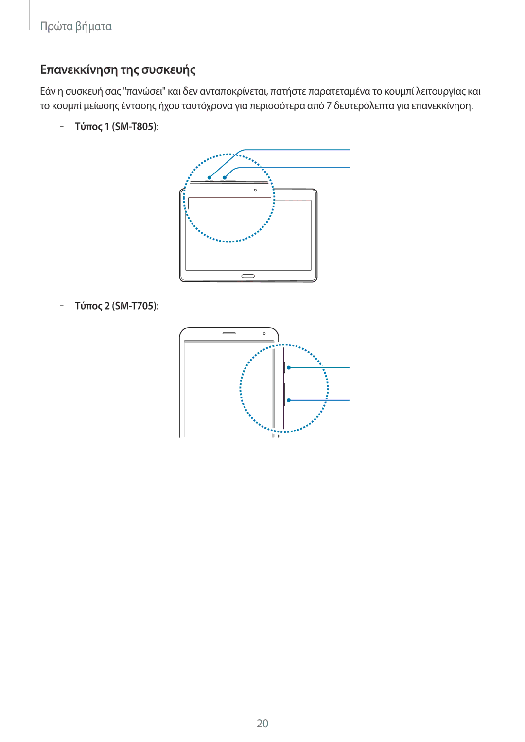 Samsung SM-T805NTSAEUR, SM-T705NZWAEUR, SM-T805NZWAEUR, SM-T705NTSAEUR manual Επανεκκίνηση της συσκευής, Τύπος 1 SM-T805 