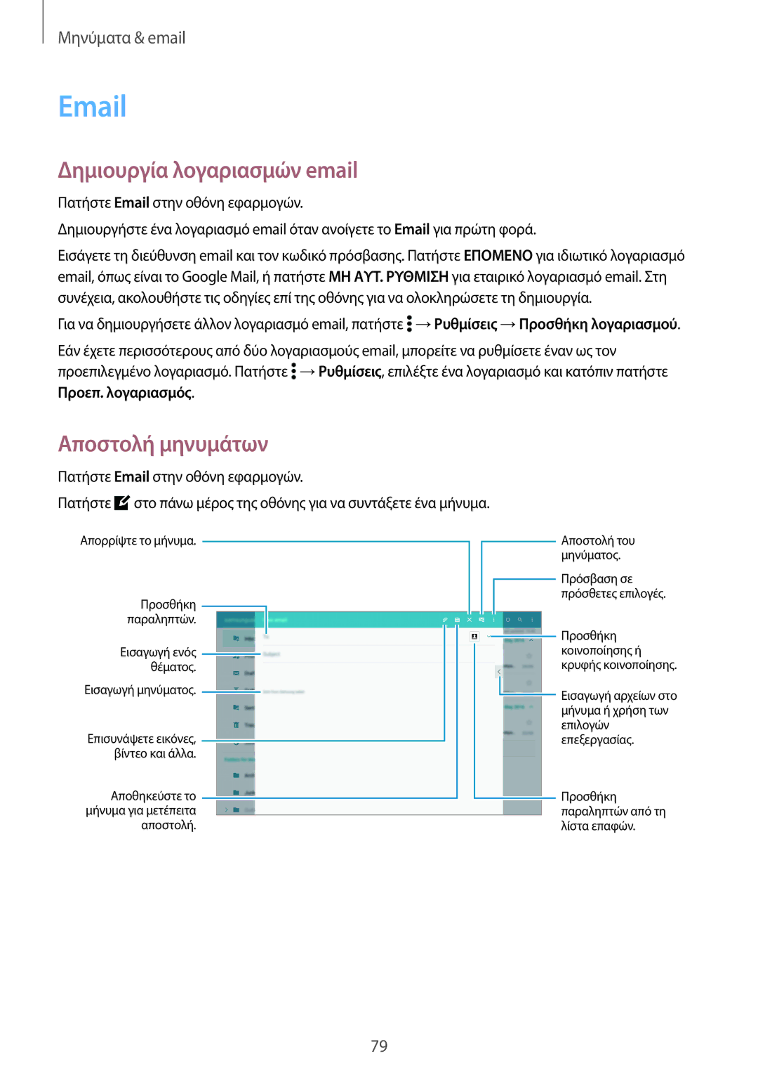Samsung SM-T705NTSAEUR, SM-T805NTSAEUR, SM-T705NZWAEUR, SM-T805NZWAEUR manual Δημιουργία λογαριασμών email, Αποστολή μηνυμάτων 