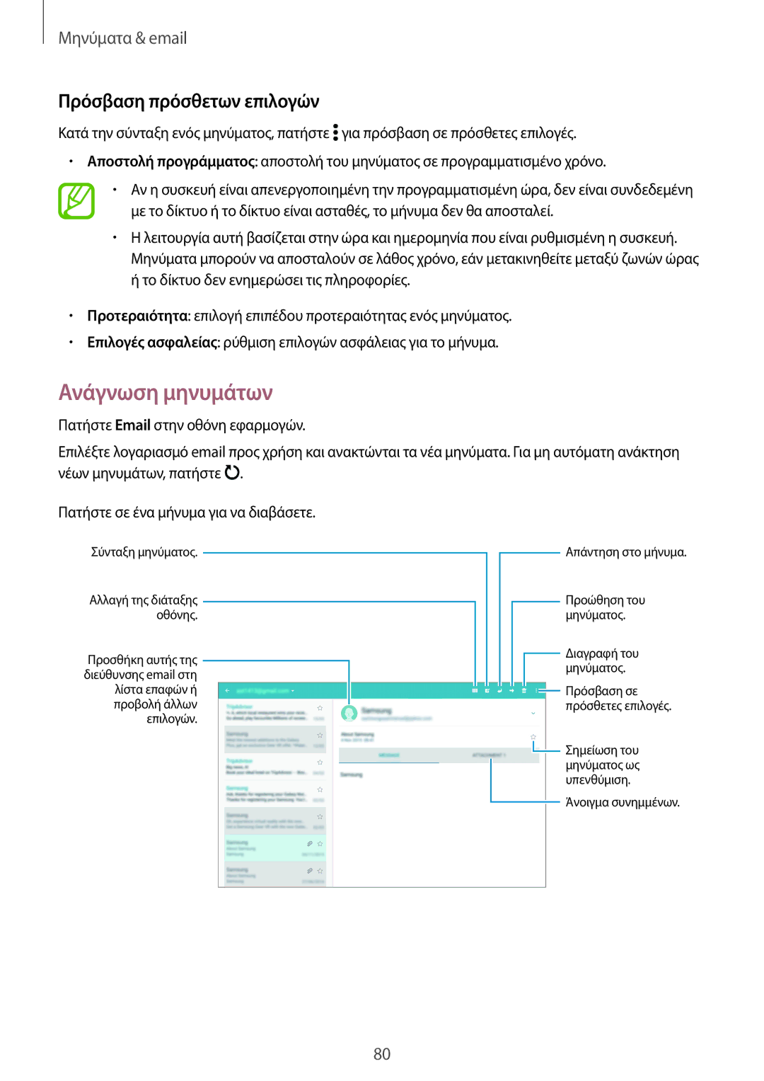 Samsung SM-T805NTSAEUR, SM-T705NZWAEUR, SM-T805NZWAEUR, SM-T705NTSAEUR manual Ανάγνωση μηνυμάτων, Πρόσβαση πρόσθετων επιλογών 