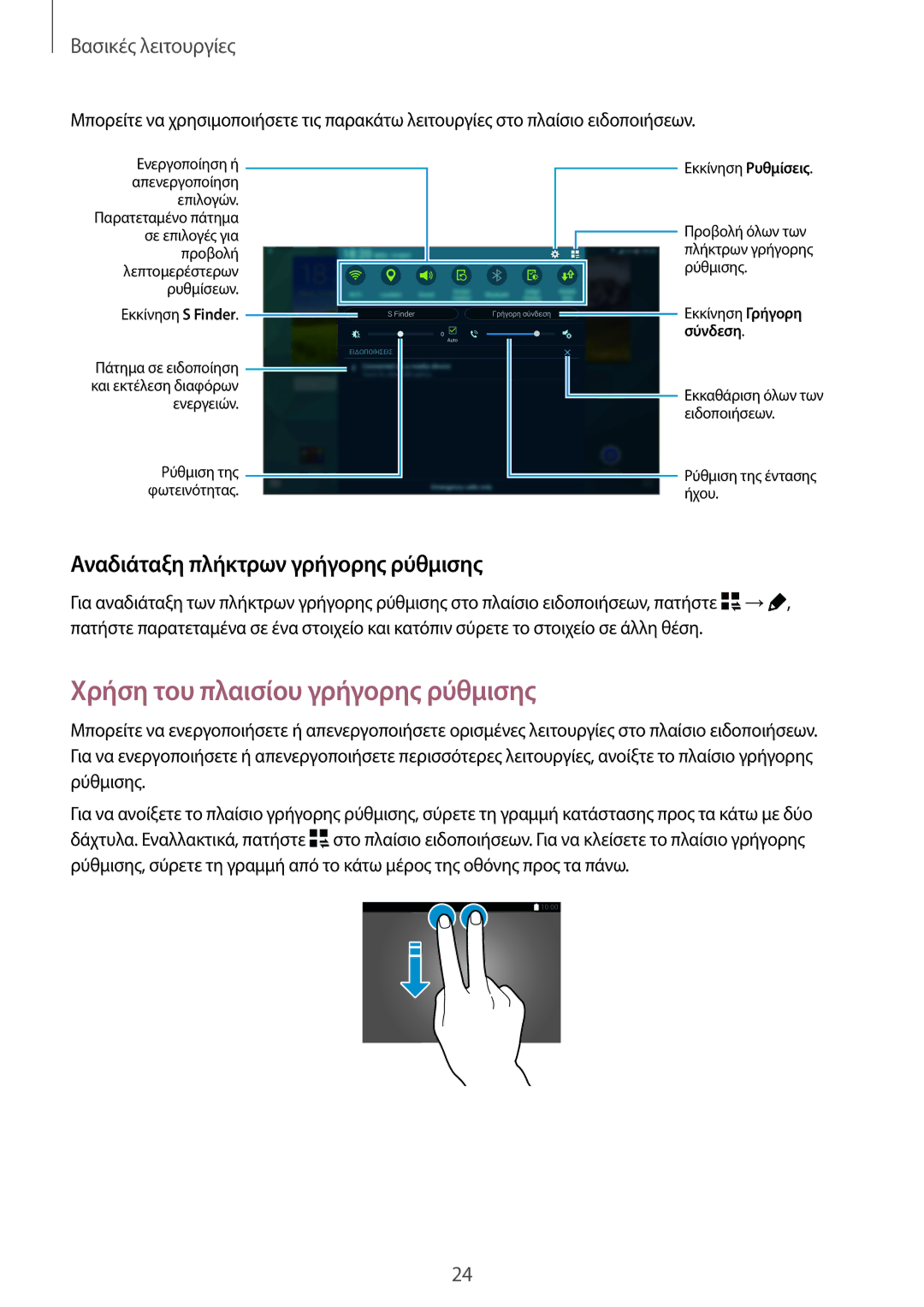 Samsung SM-T805NTSAEUR, SM-T805NZWAEUR manual Χρήση του πλαισίου γρήγορης ρύθμισης, Αναδιάταξη πλήκτρων γρήγορης ρύθμισης 