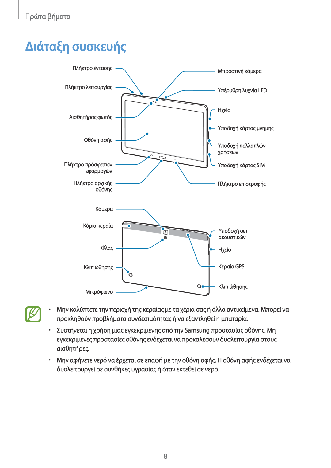 Samsung SM-T805NTSAEUR, SM-T805NZWAEUR manual Διάταξη συσκευής, Πρώτα βήματα 