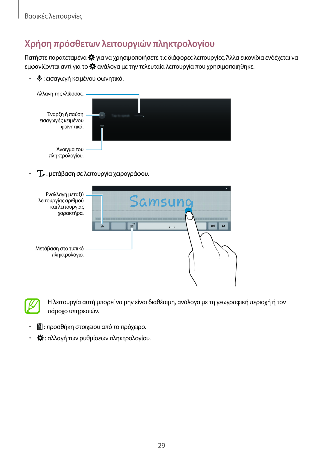 Samsung SM-T805NZWAEUR, SM-T805NTSAEUR manual Χρήση πρόσθετων λειτουργιών πληκτρολογίου, Βασικές λειτουργίες 