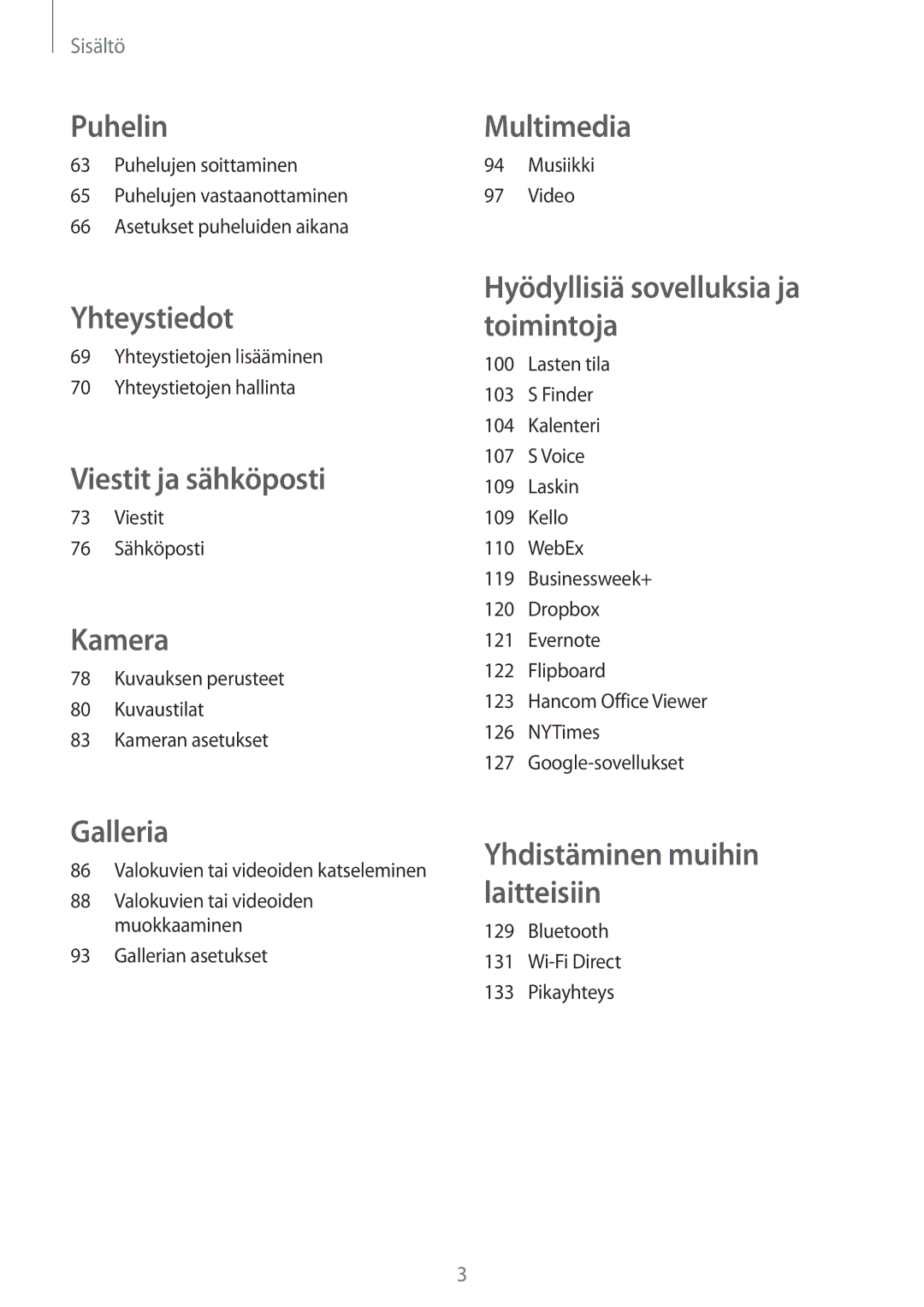 Samsung SM-T805NZWANEE manual Yhteystietojen lisääminen Yhteystietojen hallinta, Viestit 76 Sähköposti, Gallerian asetukset 