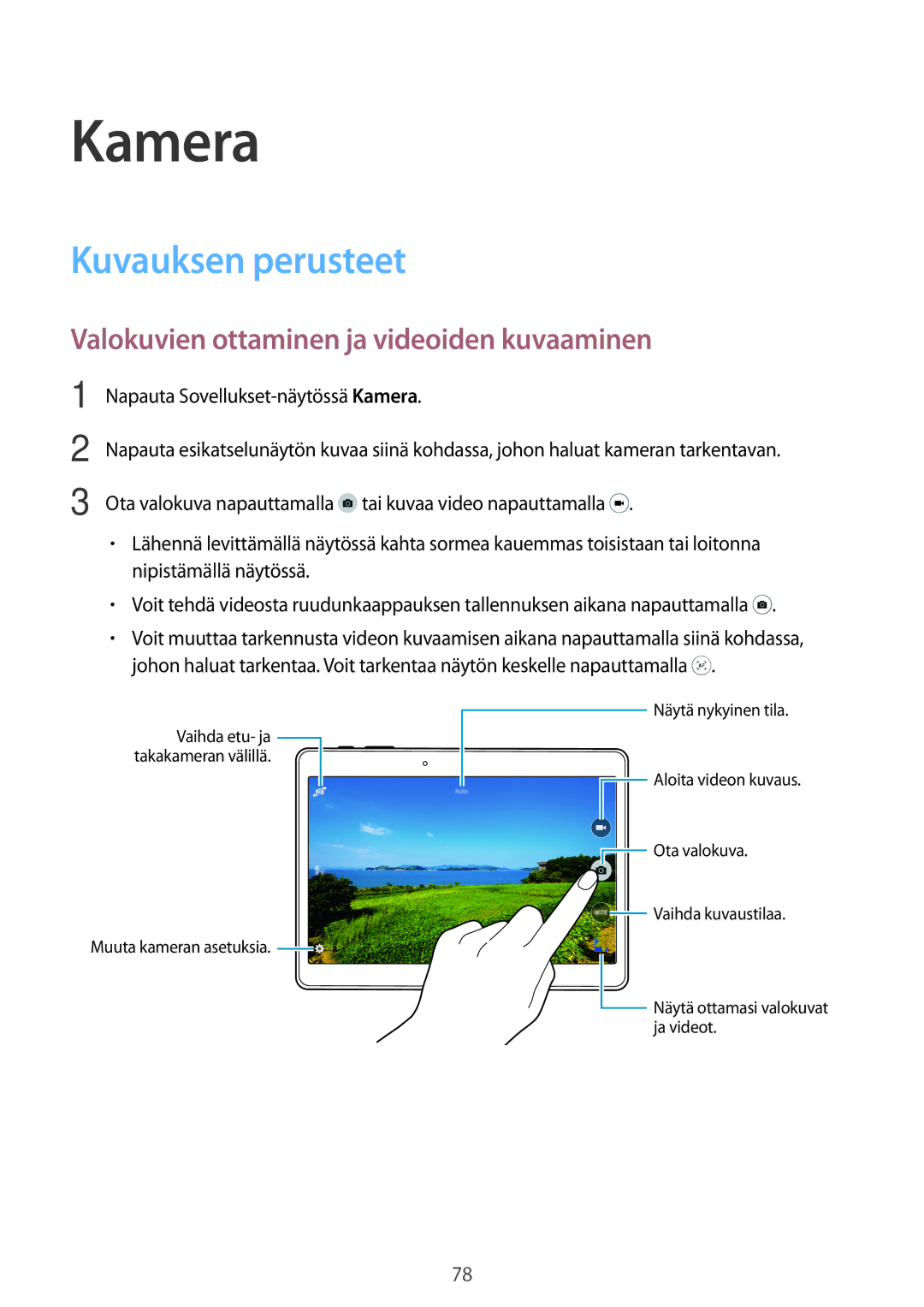 Samsung SM-T805NZWANEE, SM-T805NTSANEE manual Kamera, Kuvauksen perusteet, Valokuvien ottaminen ja videoiden kuvaaminen 