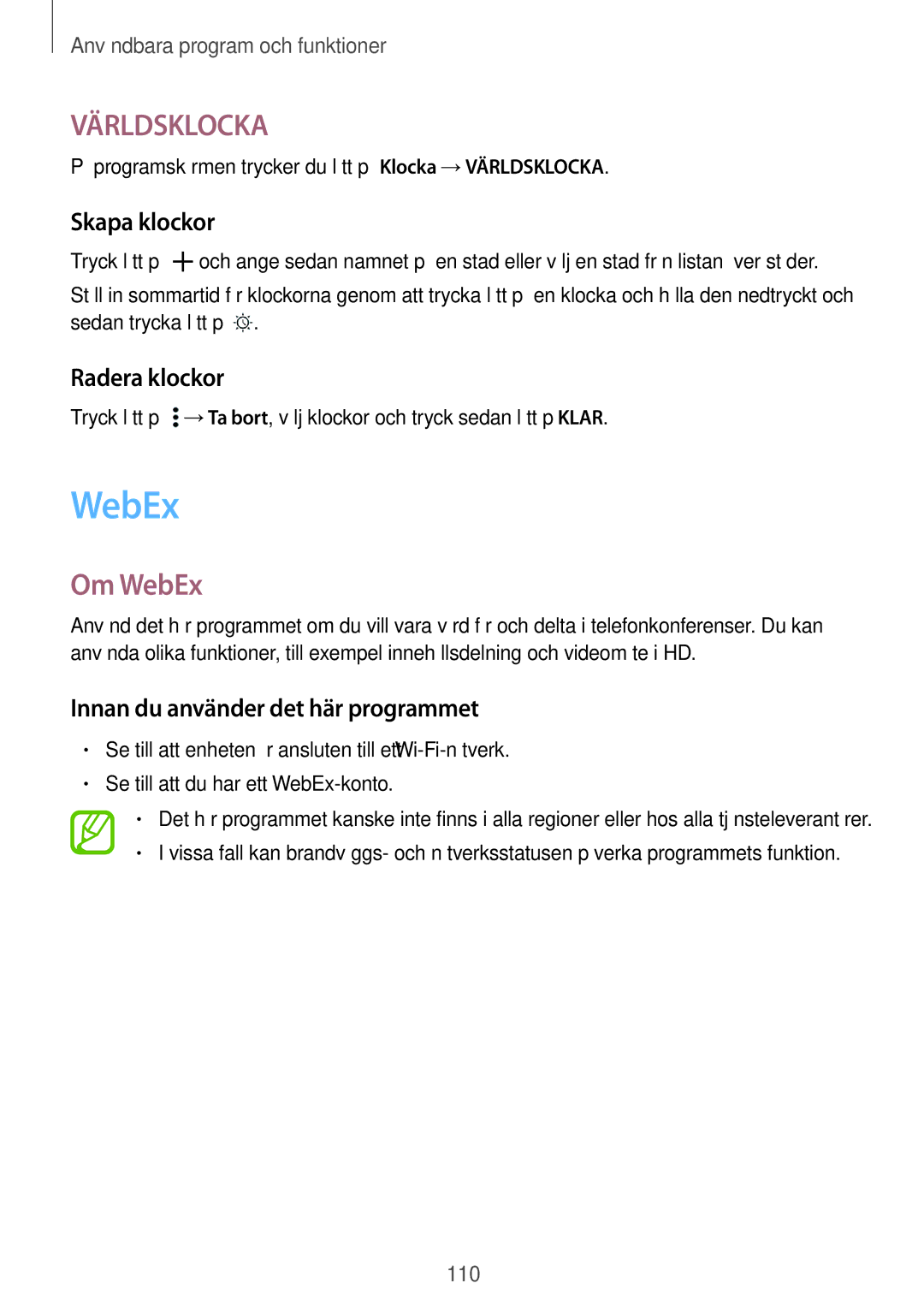 Samsung SM-T805NTSANEE, SM-T805NTSENEE Om WebEx, Skapa klockor, Radera klockor, Innan du använder det här programmet 