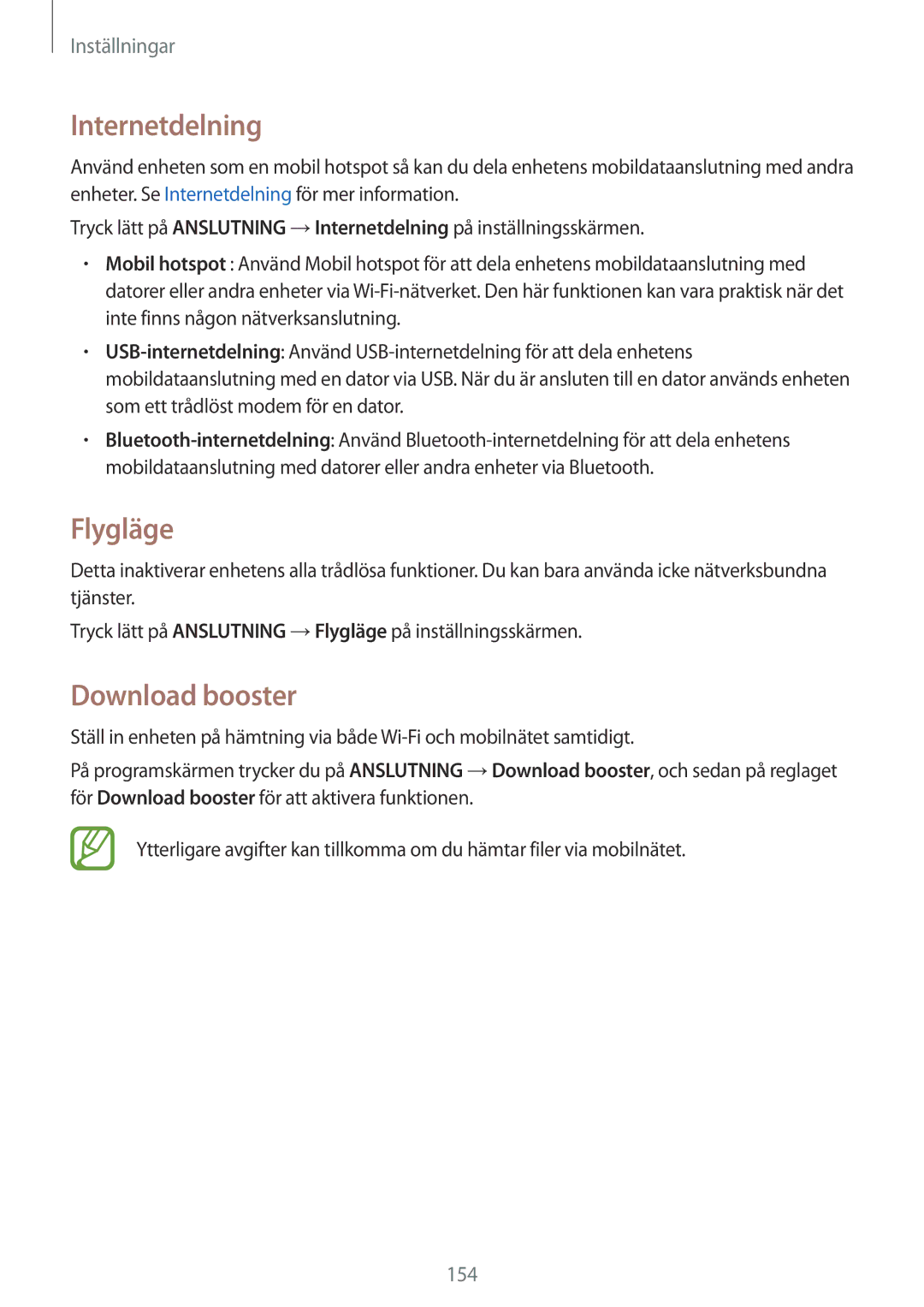 Samsung SM-T805NHAANEE, SM-T805NTSANEE, SM-T805NTSENEE, SM-T805NLSANEE manual Internetdelning, Flygläge, Download booster 