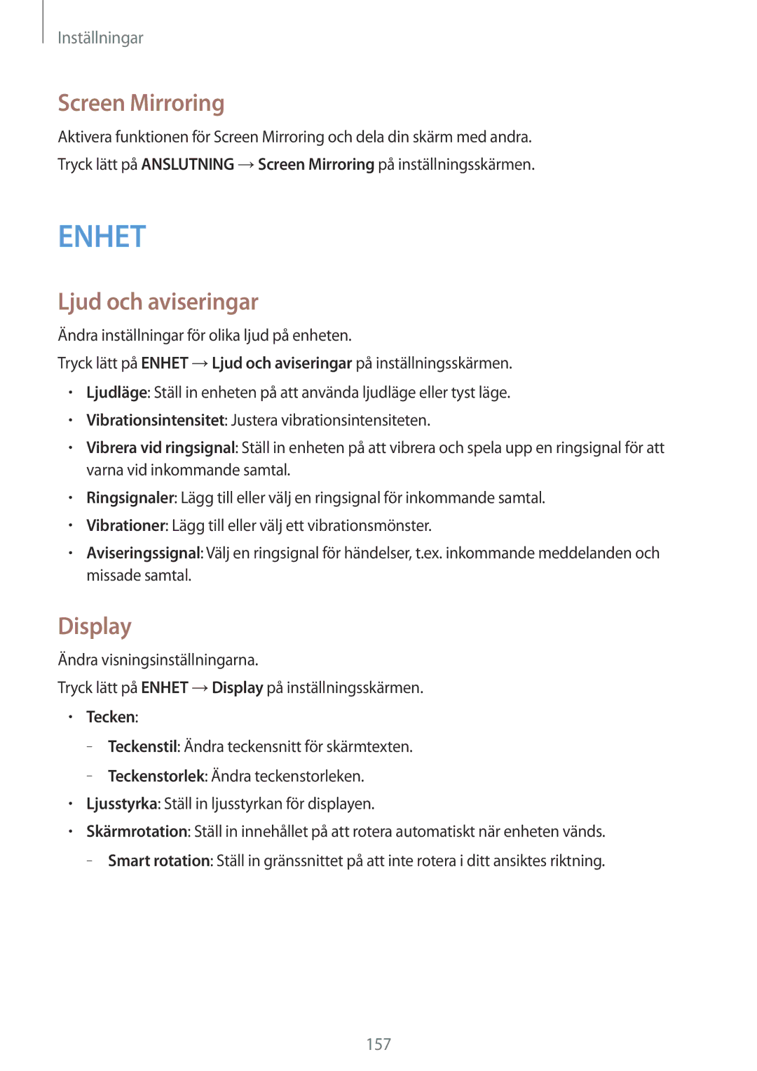 Samsung SM-T805NLSANEE, SM-T805NTSANEE, SM-T805NTSENEE manual Screen Mirroring, Ljud och aviseringar, Display, Tecken 