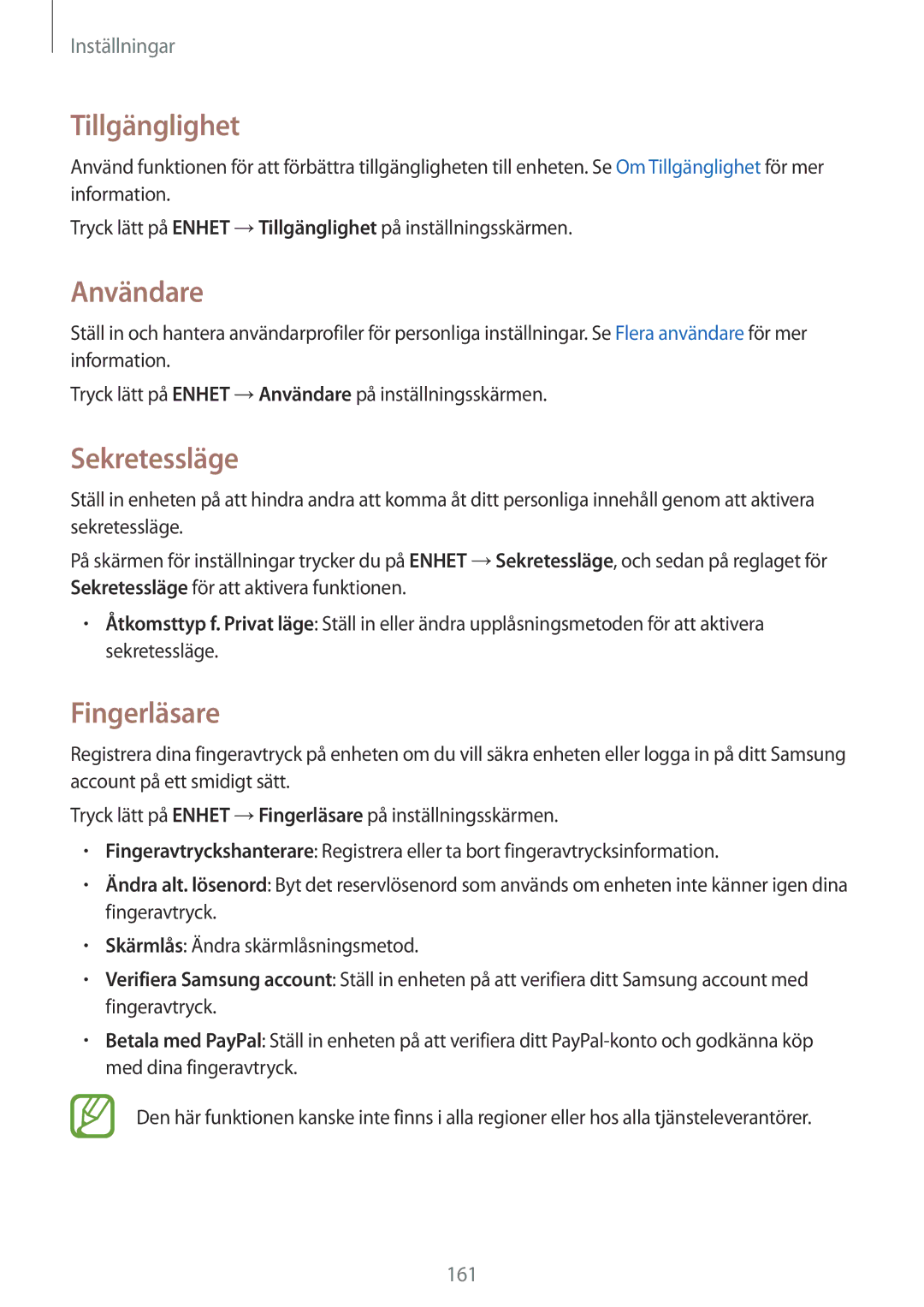 Samsung SM-T805NTSENEE, SM-T805NTSANEE, SM-T805NLSANEE manual Tillgänglighet, Användare, Sekretessläge, Fingerläsare 