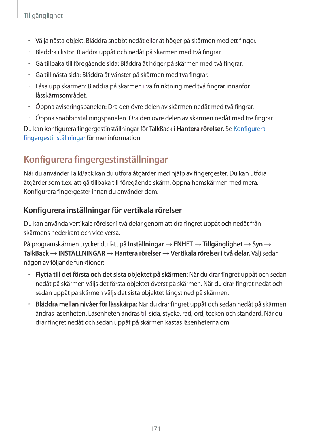 Samsung SM-T805NTSENEE manual Konfigurera fingergestinställningar, Konfigurera inställningar för vertikala rörelser 