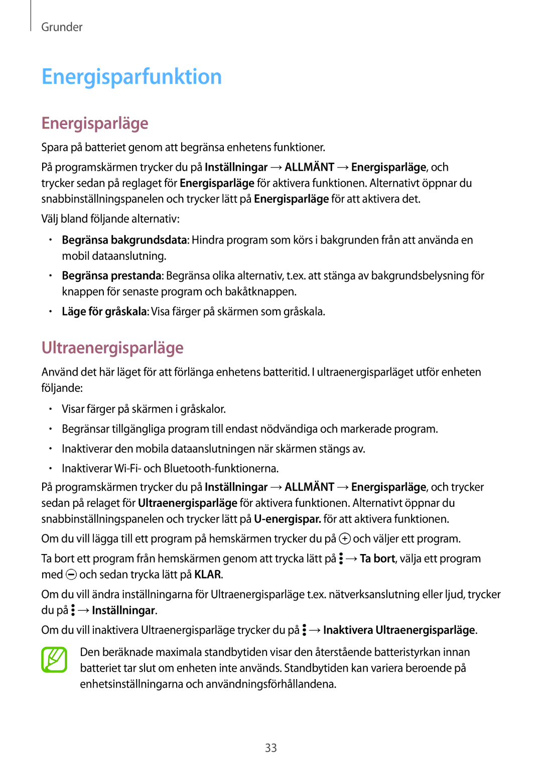 Samsung SM-T805NZWANEE, SM-T805NTSANEE, SM-T805NTSENEE manual Energisparfunktion, Energisparläge, Ultraenergisparläge 
