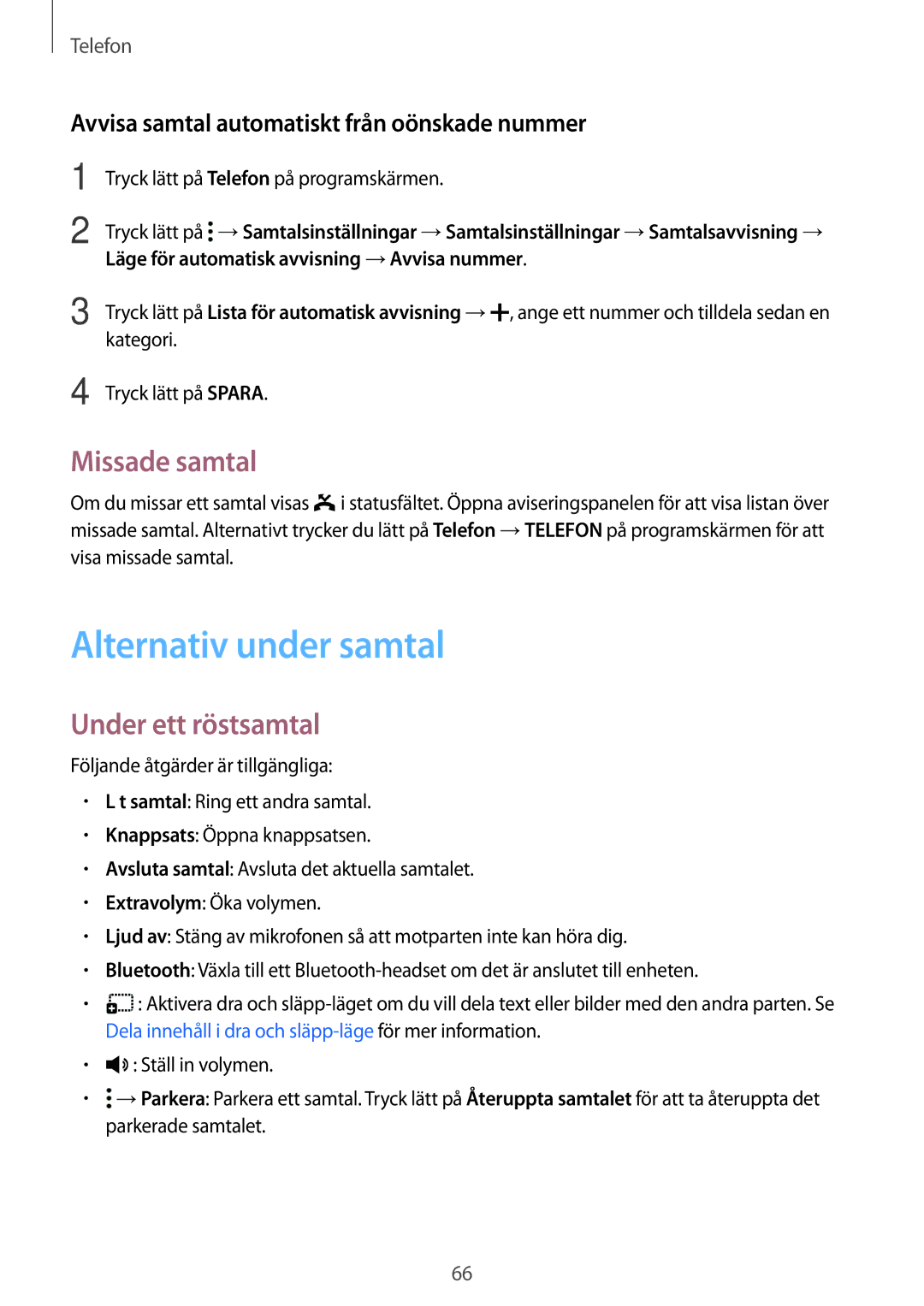 Samsung SM-T805NTSENEE, SM-T805NTSANEE, SM-T805NLSANEE manual Alternativ under samtal, Missade samtal, Under ett röstsamtal 