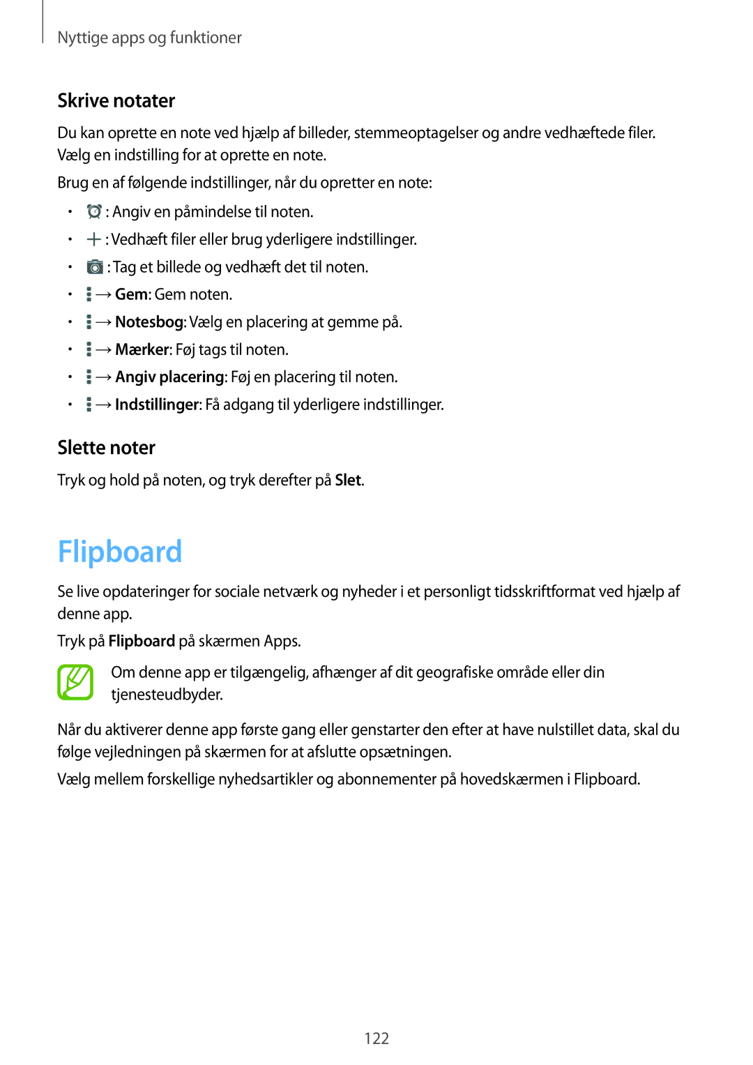 Samsung SM-T805NLSANEE manual Flipboard, Skrive notater, Slette noter, Tryk og hold på noten, og tryk derefter på Slet 