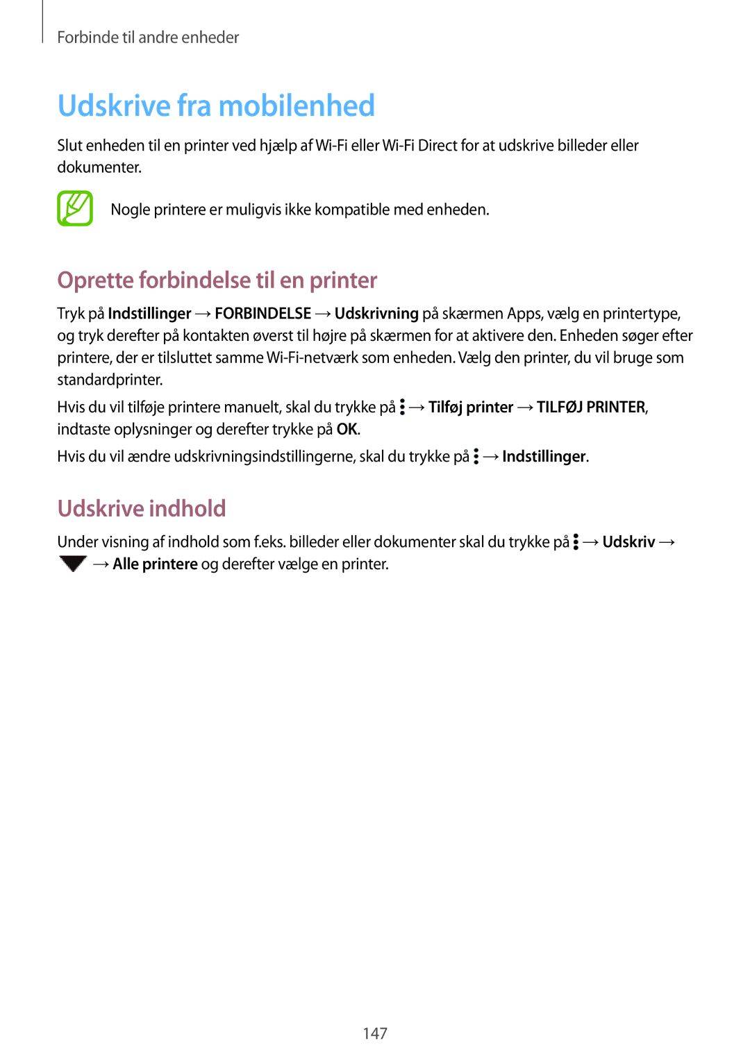 Samsung SM-T805NLSANEE, SM-T805NTSANEE manual Udskrive fra mobilenhed, Oprette forbindelse til en printer, Udskrive indhold 