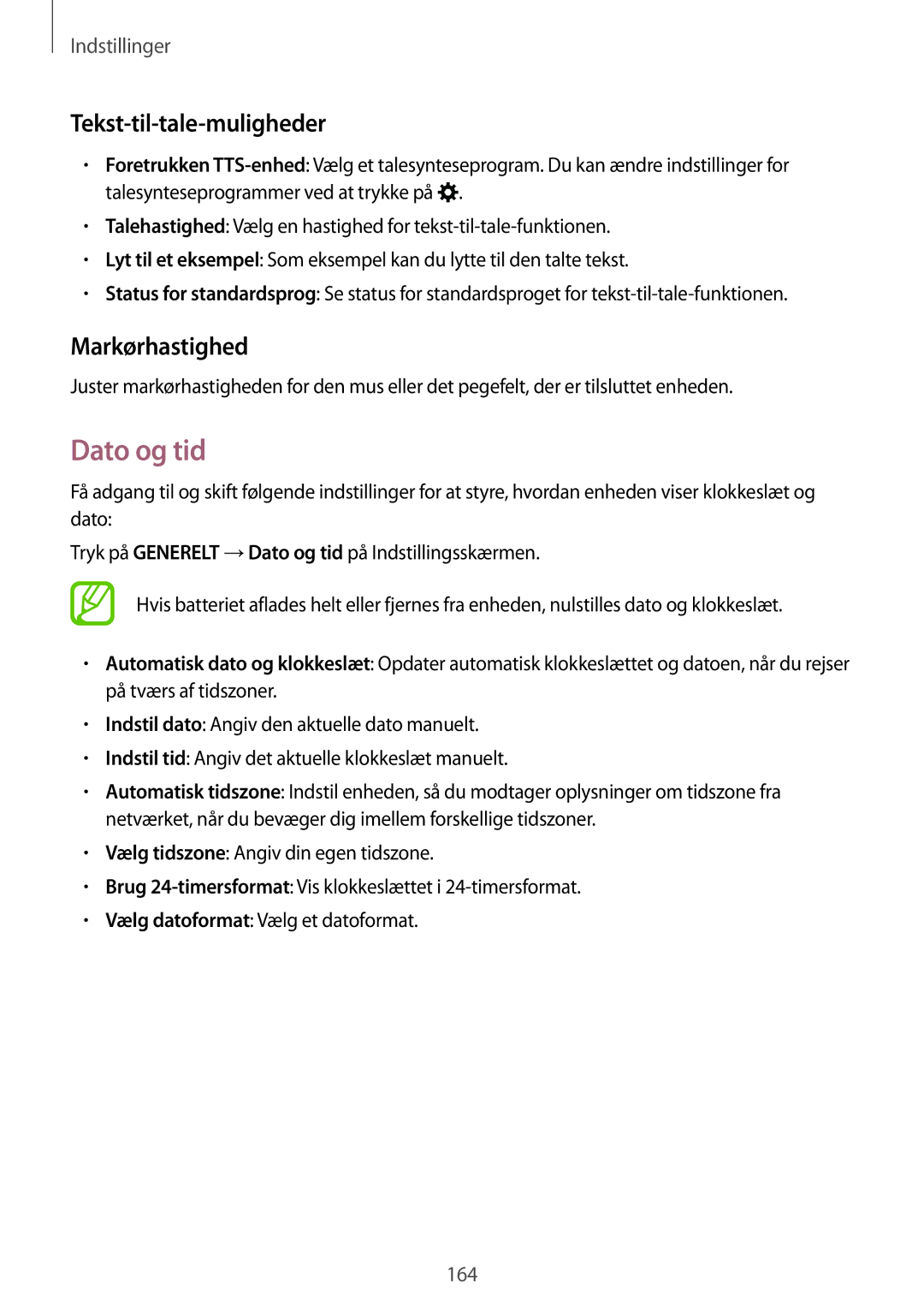 Samsung SM-T805NHAANEE, SM-T805NTSANEE, SM-T805NTSENEE manual Dato og tid, Tekst-til-tale-muligheder, Markørhastighed 