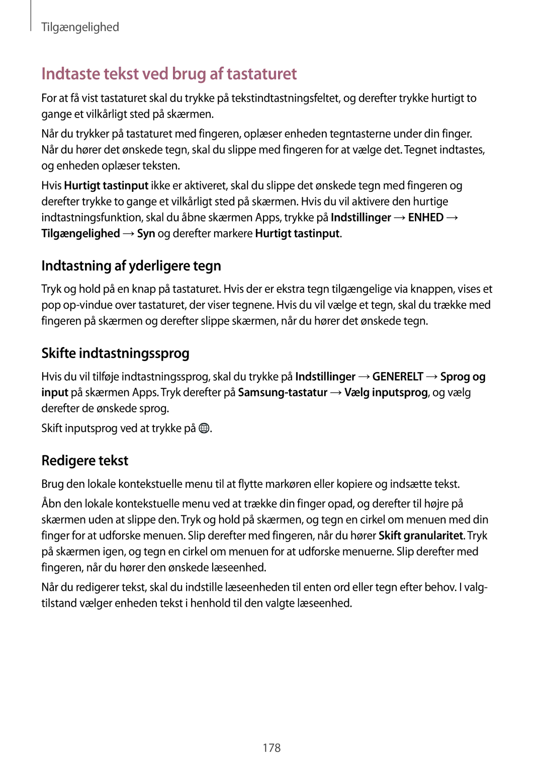 Samsung SM-T805NZWANEE manual Indtaste tekst ved brug af tastaturet, Indtastning af yderligere tegn, Redigere tekst 