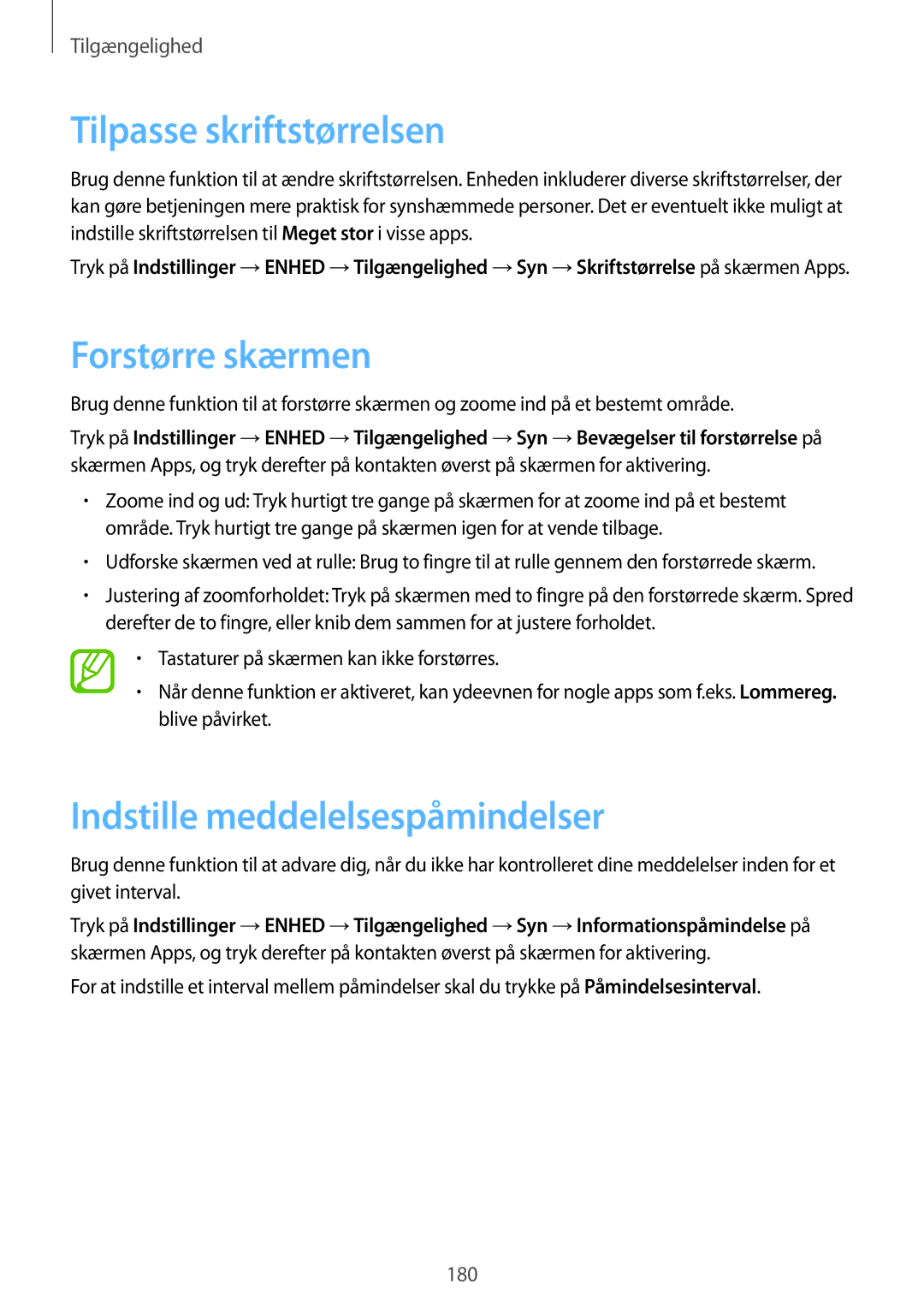 Samsung SM-T805NTSANEE, SM-T805NTSENEE manual Tilpasse skriftstørrelsen, Forstørre skærmen, Indstille meddelelsespåmindelser 