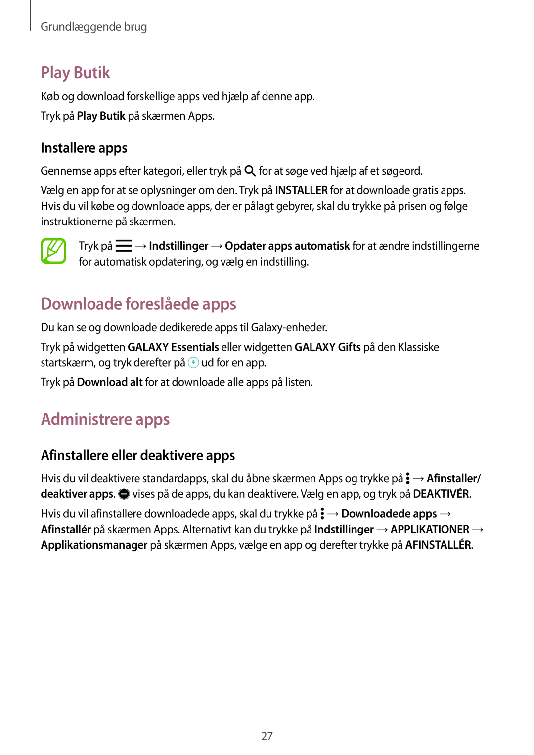 Samsung SM-T805NLSANEE manual Play Butik, Downloade foreslåede apps, Administrere apps, Afinstallere eller deaktivere apps 