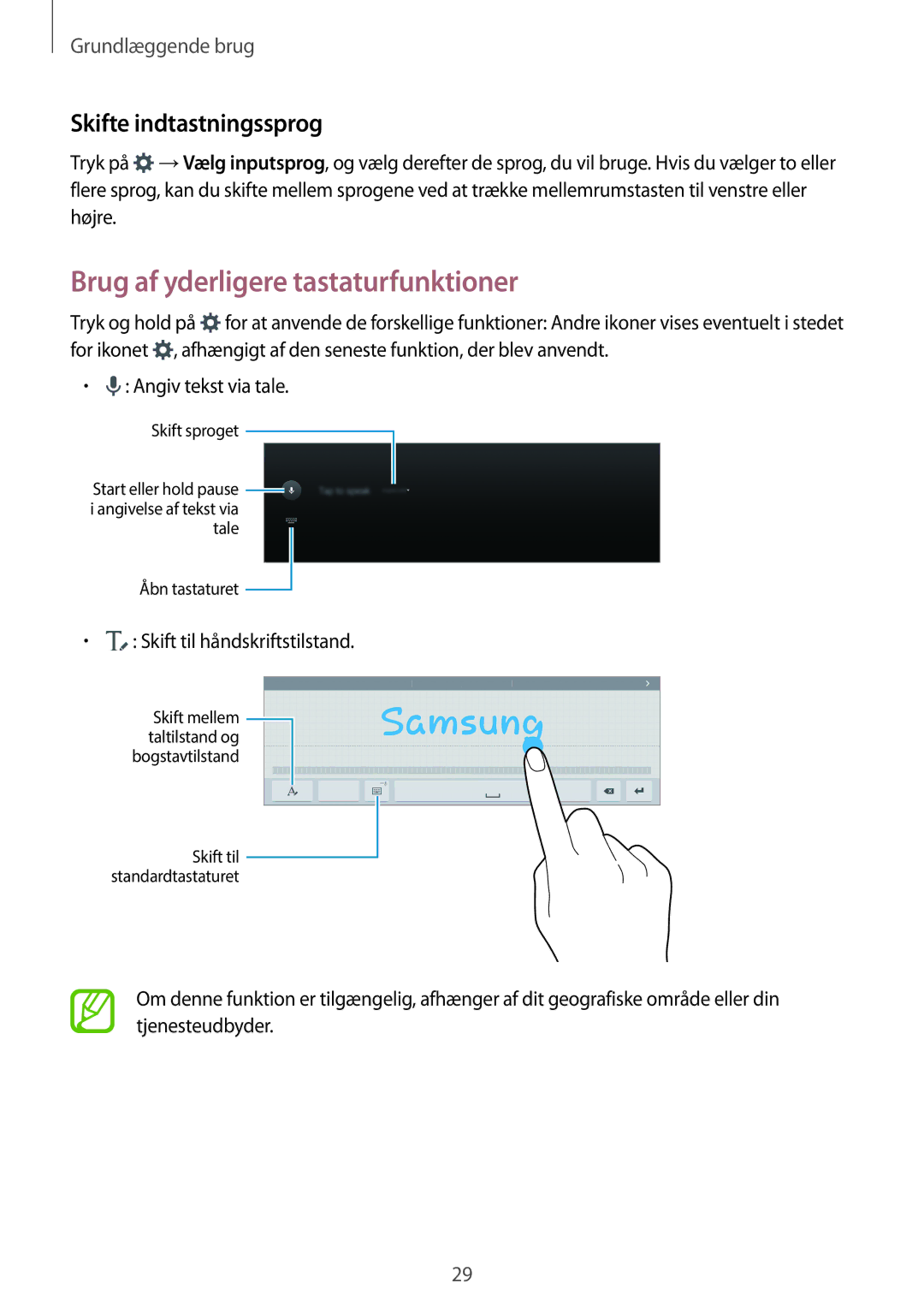 Samsung SM-T805NHAANEE Brug af yderligere tastaturfunktioner, Skifte indtastningssprog, Skift til håndskriftstilstand 