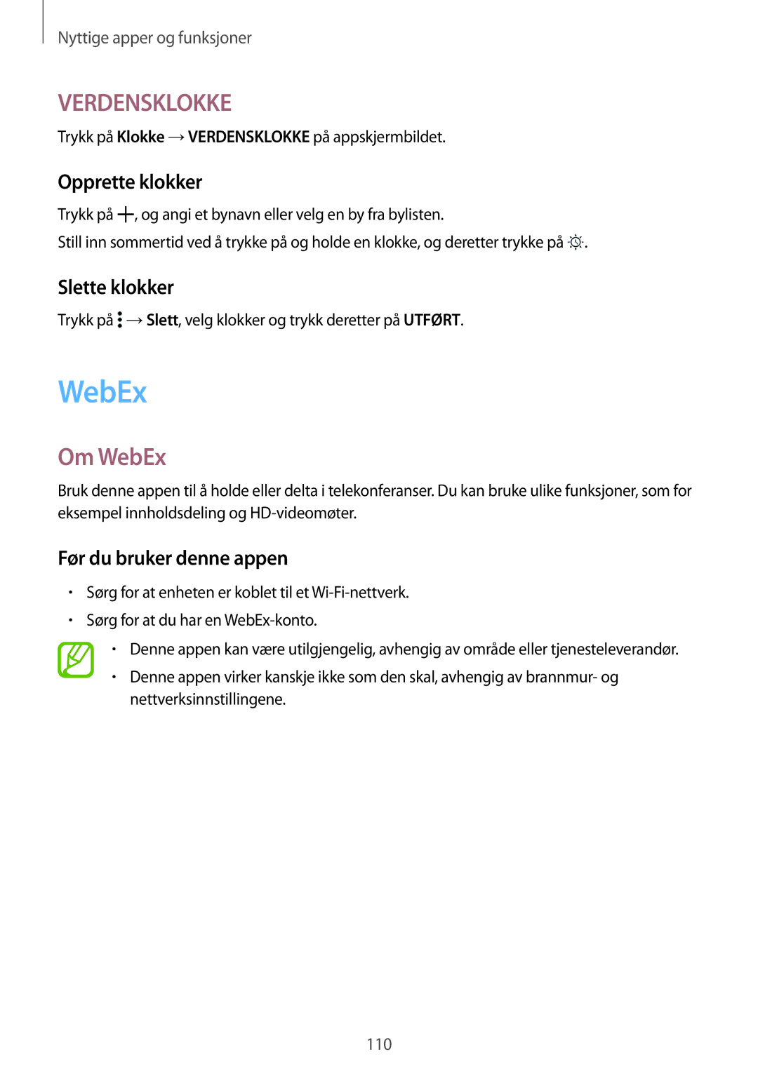 Samsung SM-T805NTSANEE, SM-T805NTSENEE manual Om WebEx, Opprette klokker, Slette klokker, Før du bruker denne appen 